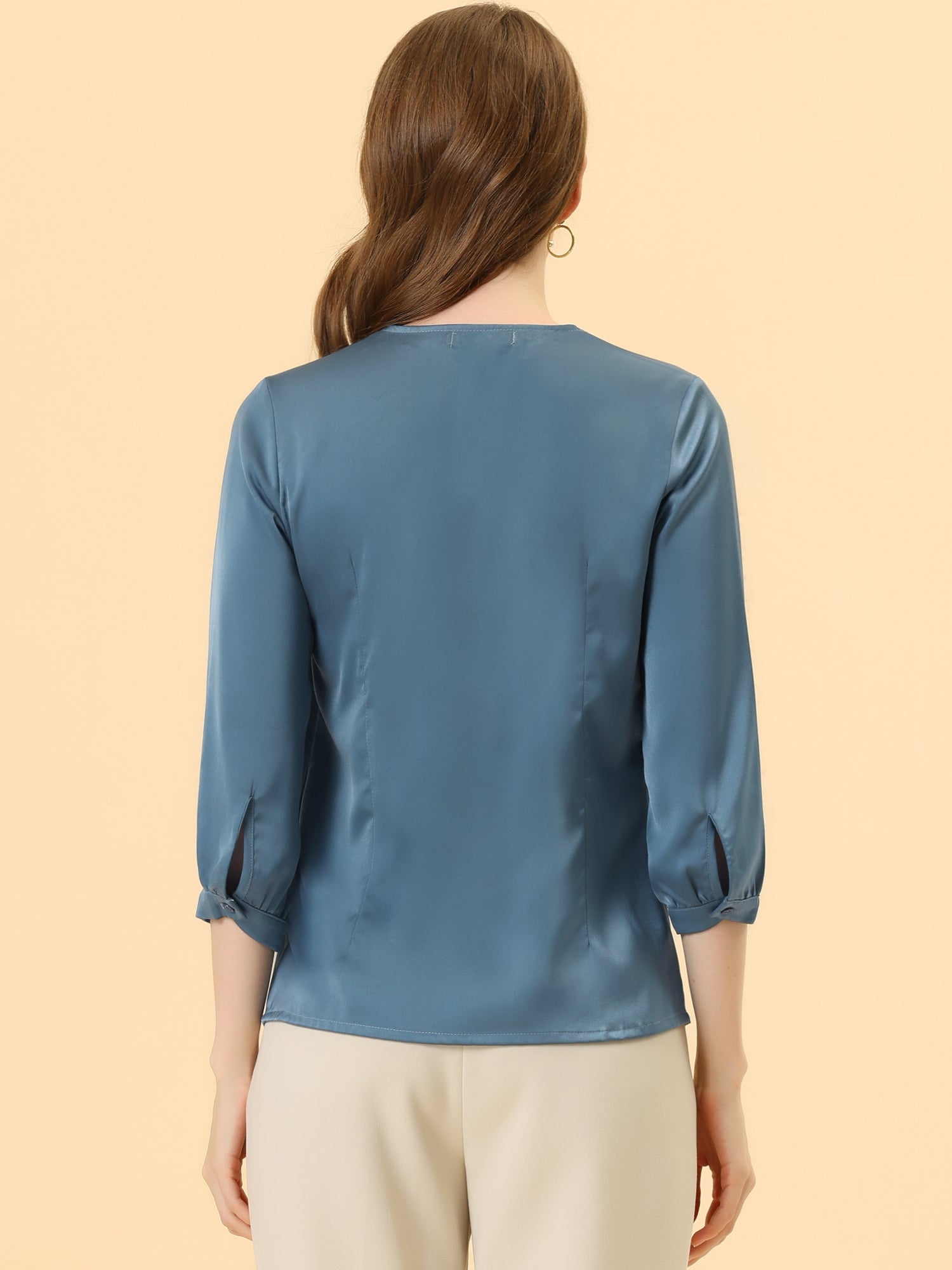 Casual Office Blouse 3/4 Sleeve V Neck Satin Shirt