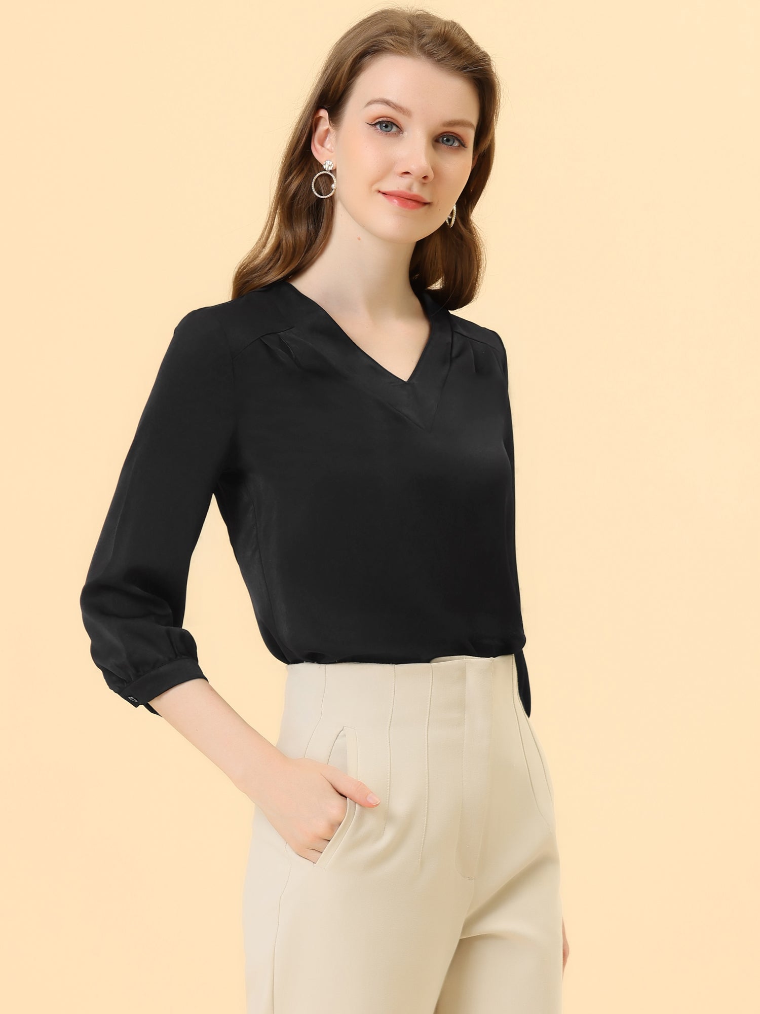 Casual Office Blouse 3/4 Sleeve V Neck Satin Shirt