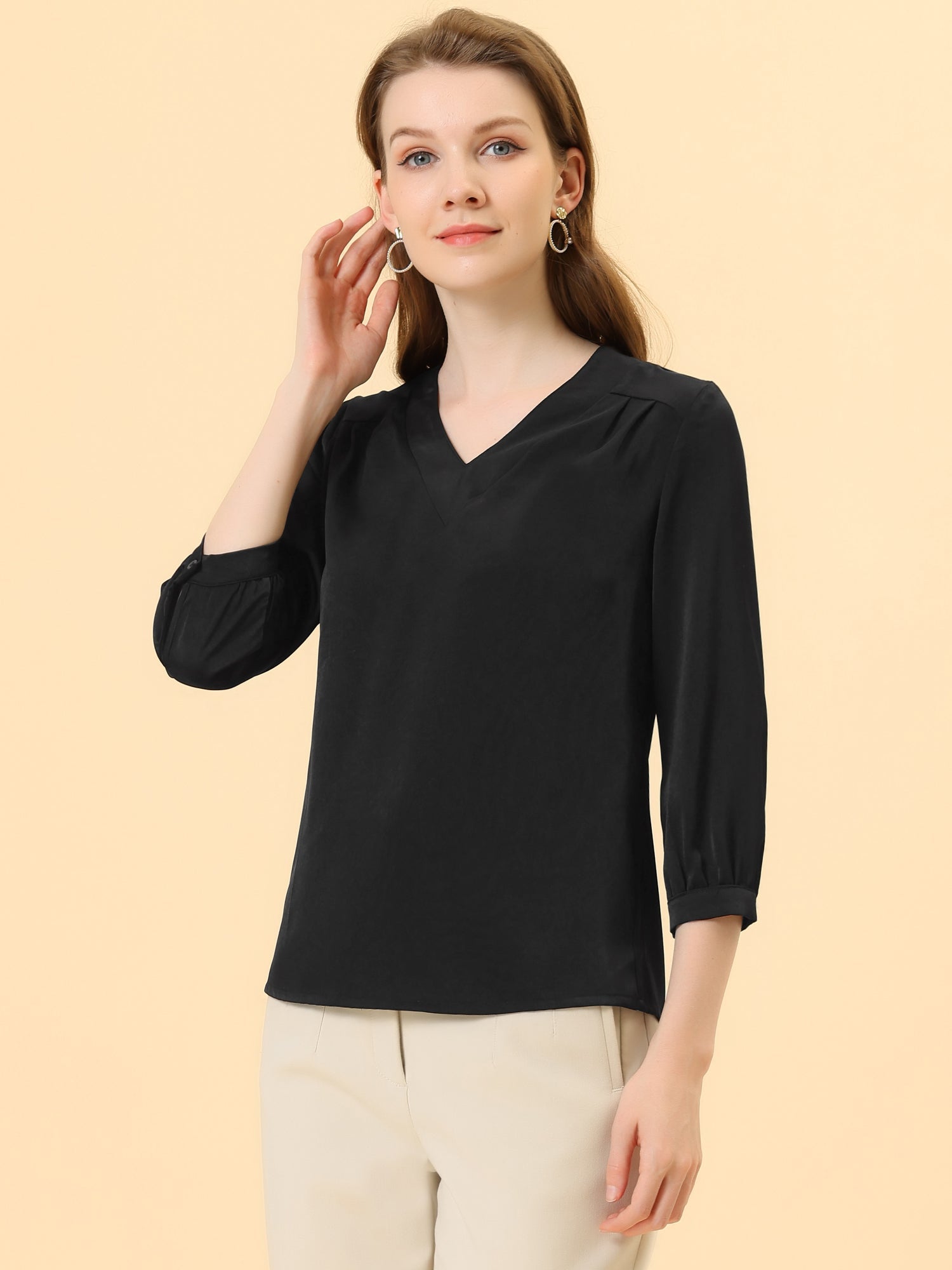 Casual Office Blouse 3/4 Sleeve V Neck Satin Shirt