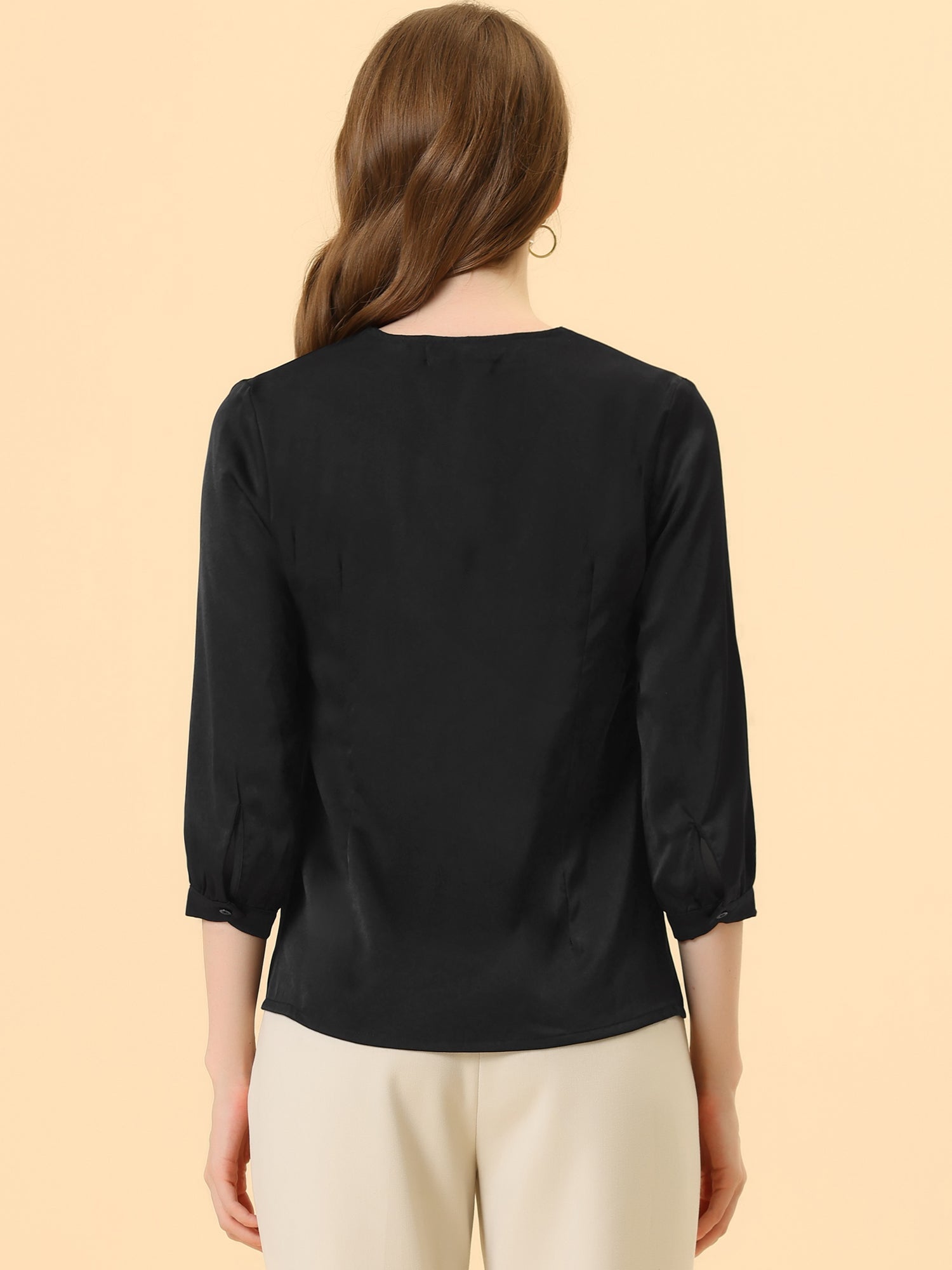 Casual Office Blouse 3/4 Sleeve V Neck Satin Shirt