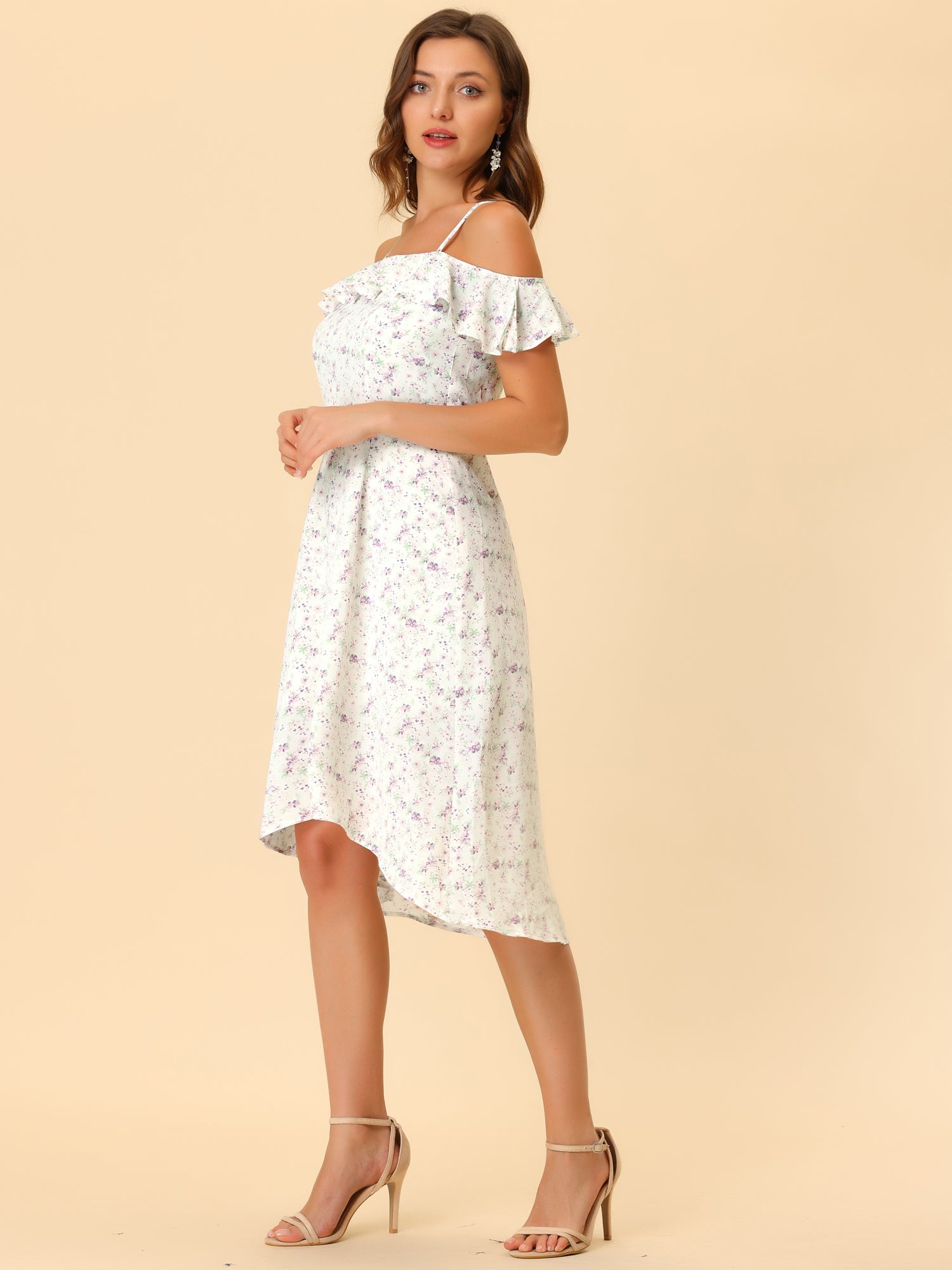 Spaghetti Strap Asymmetrical High Low Floral A-Line Midi Dress
