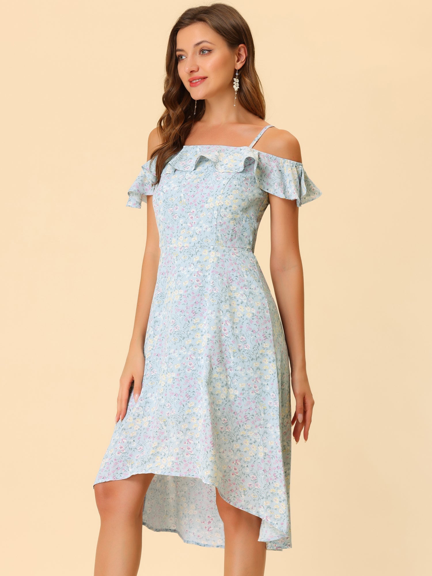 Spaghetti Strap Asymmetrical High Low Floral A-Line Midi Dress