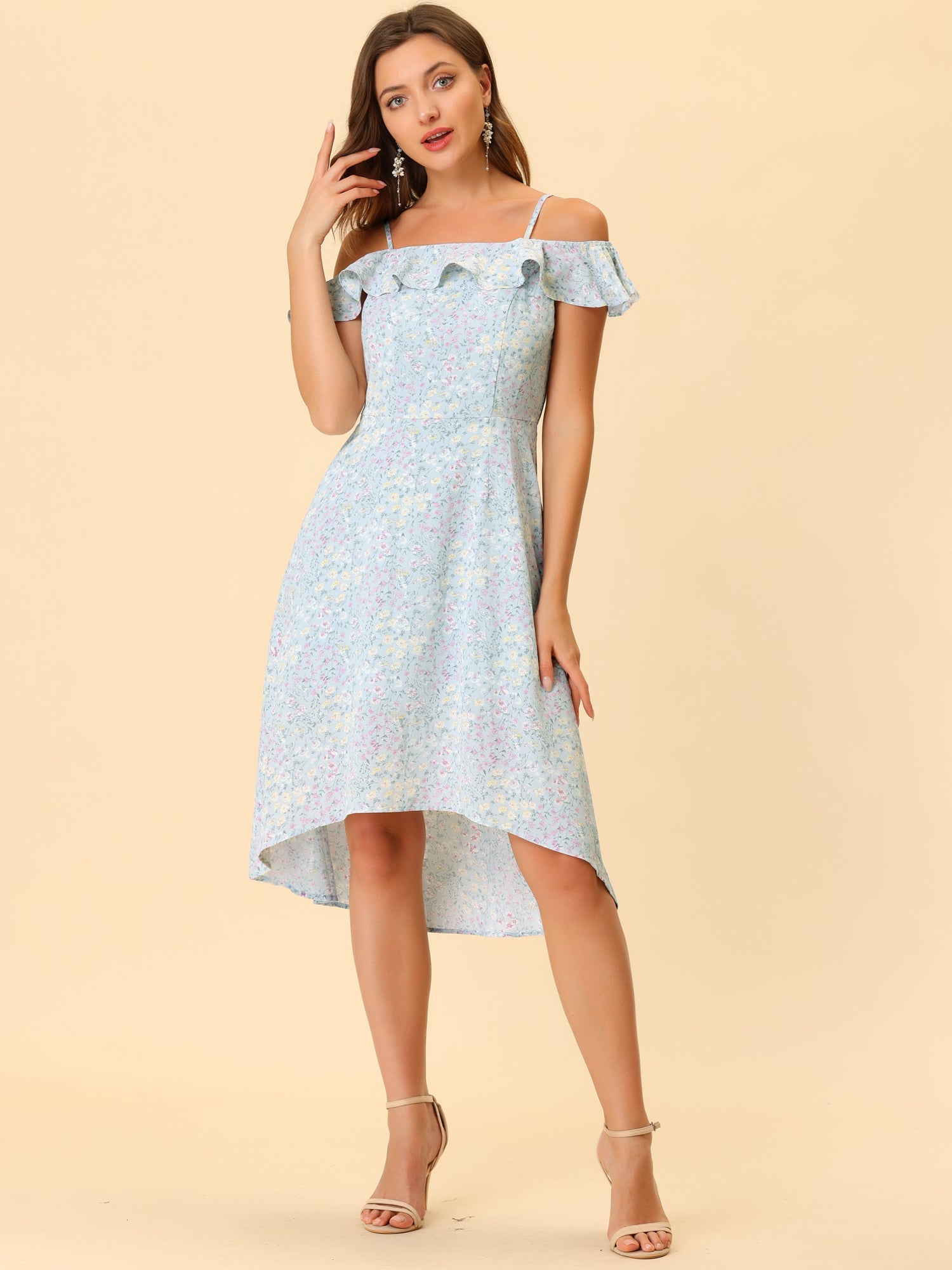 Spaghetti Strap Asymmetrical High Low Floral A-Line Midi Dress