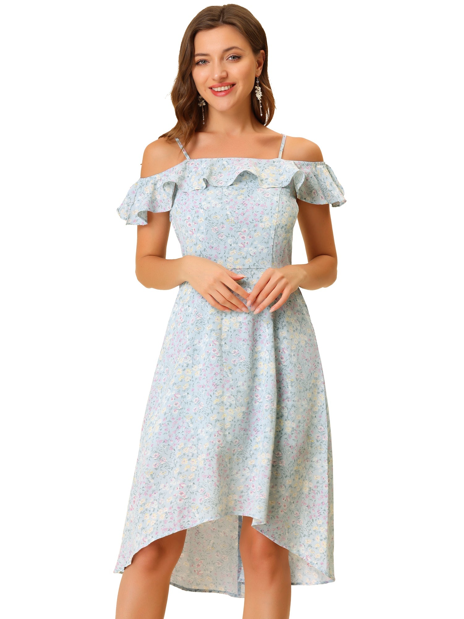 Spaghetti Strap Asymmetrical High Low Floral A-Line Midi Dress