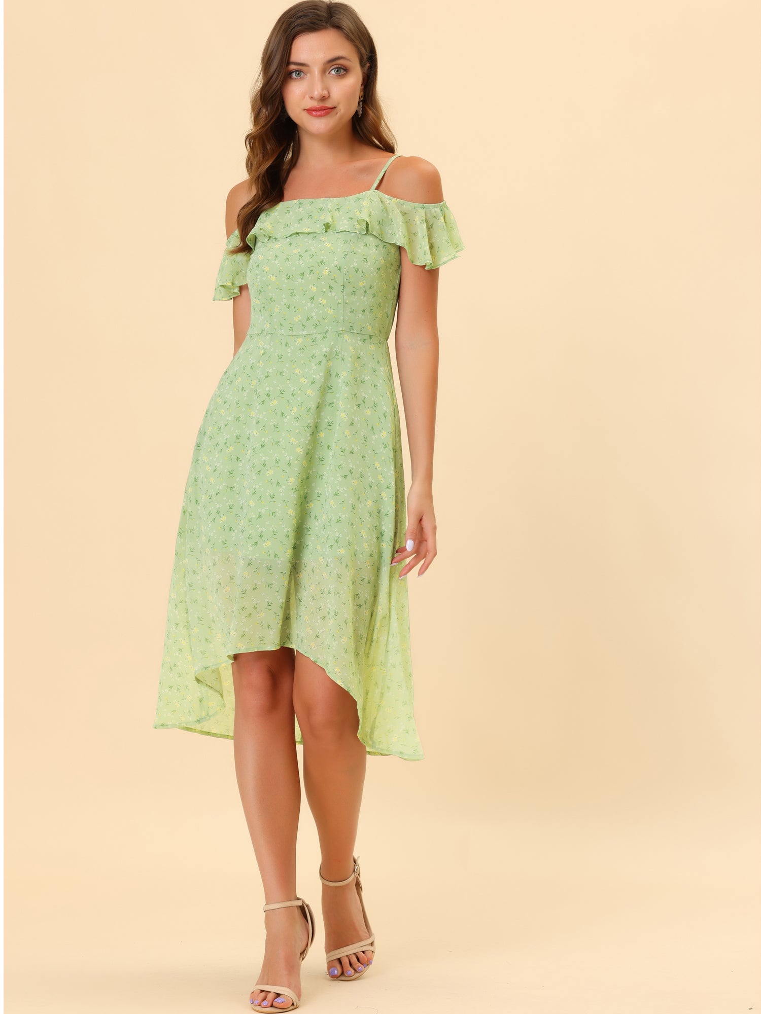 Spaghetti Strap Asymmetrical High Low Floral A-Line Midi Dress
