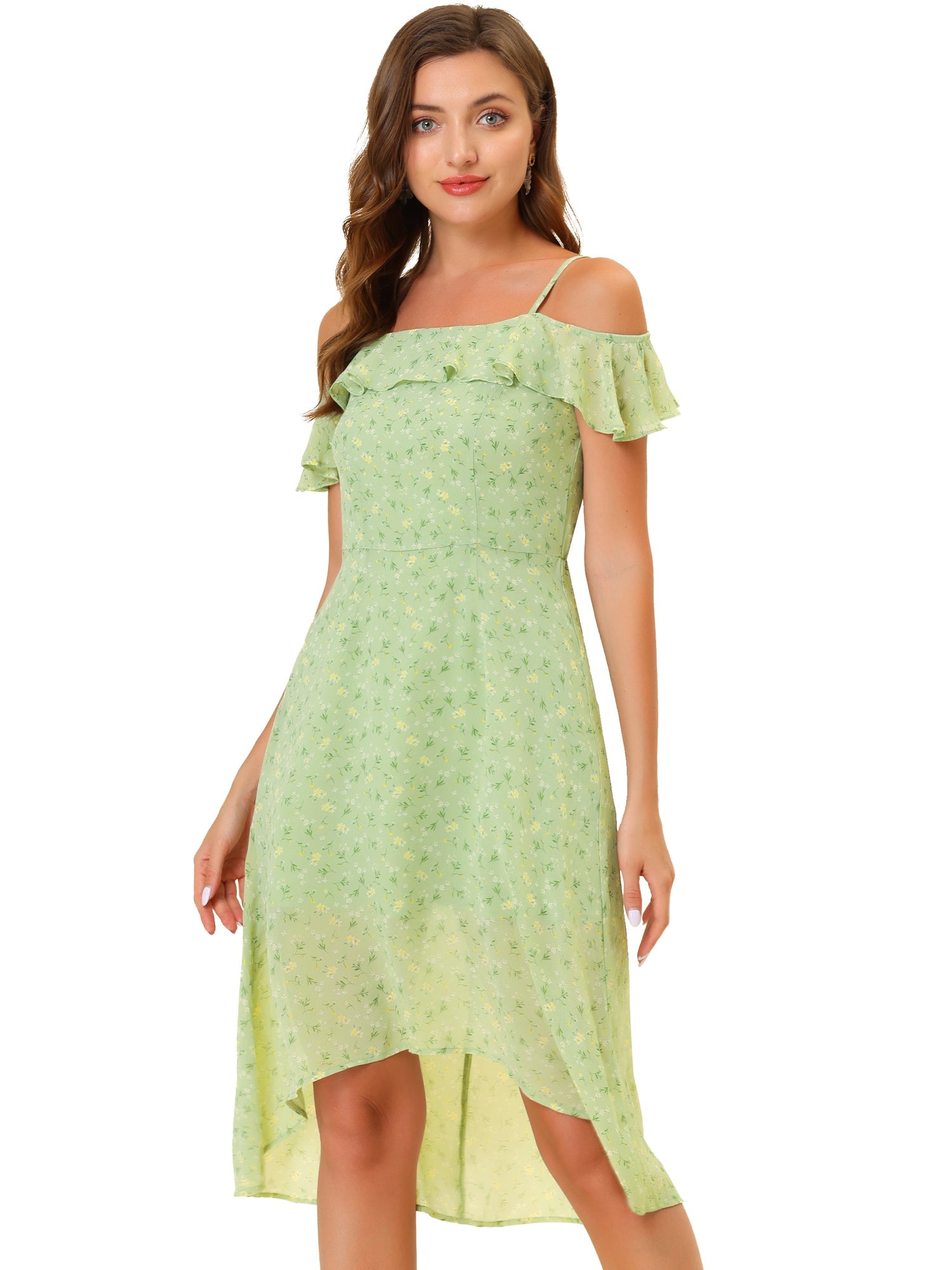 Spaghetti Strap Asymmetrical High Low Floral A-Line Midi Dress