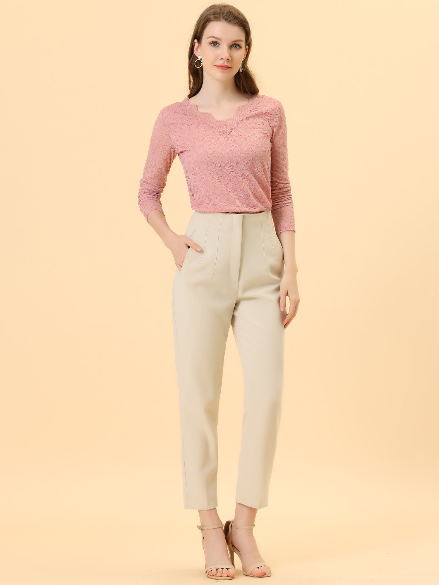 Floral Embroidery Sheer Long Sleeve Lace Blouse Top