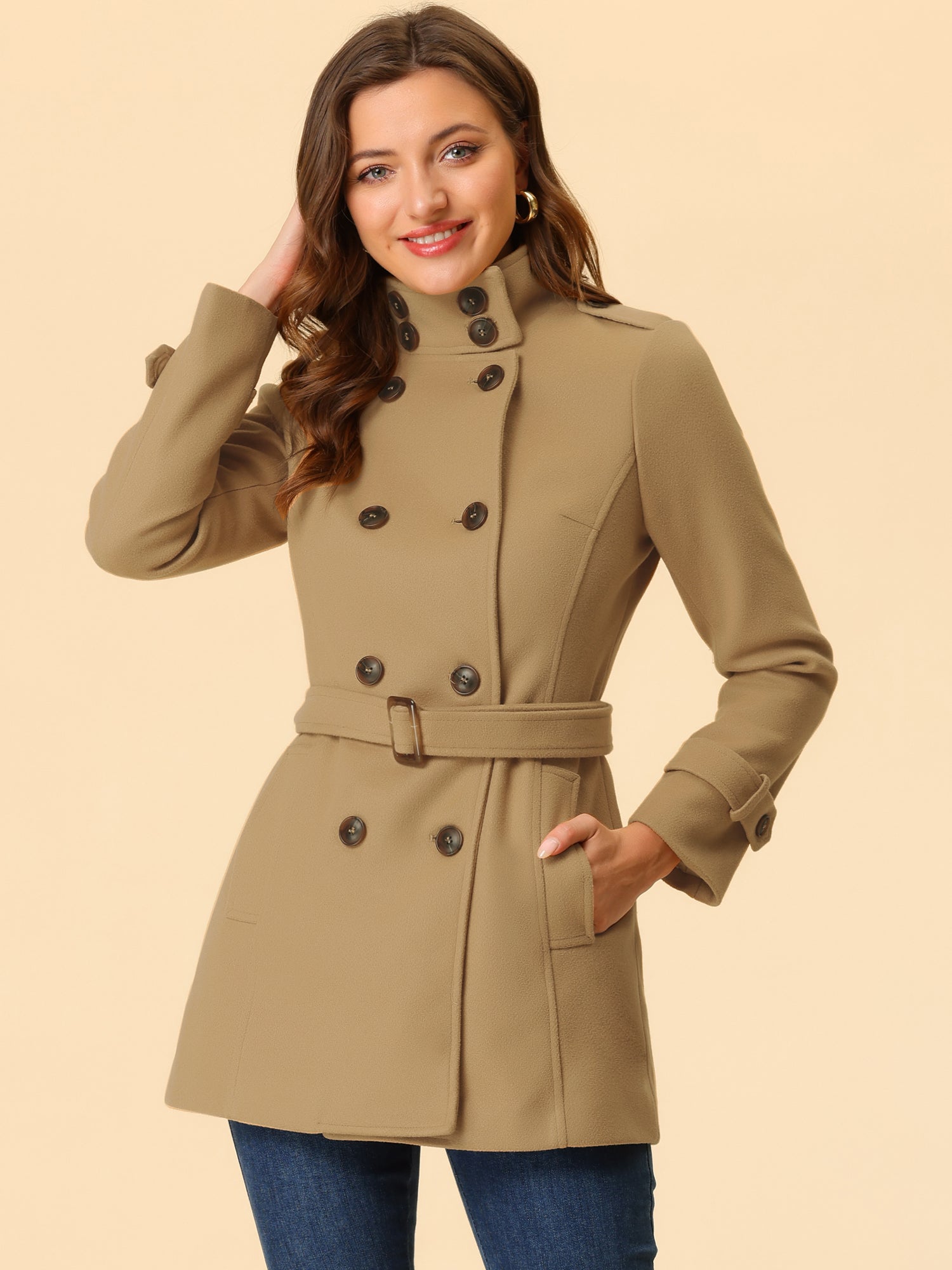 Stand Collar Double Breasted Trendy Belted Winter Coat