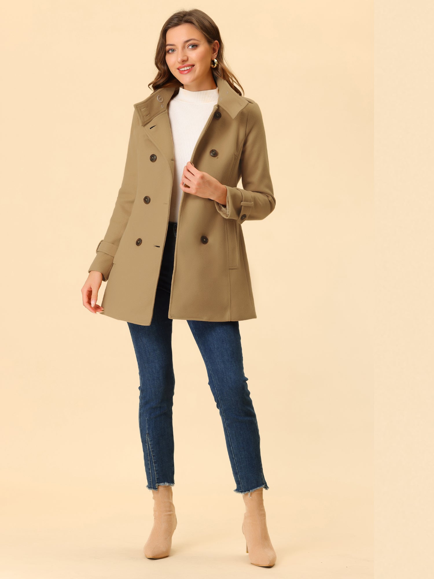 Stand Collar Double Breasted Trendy Belted Winter Coat
