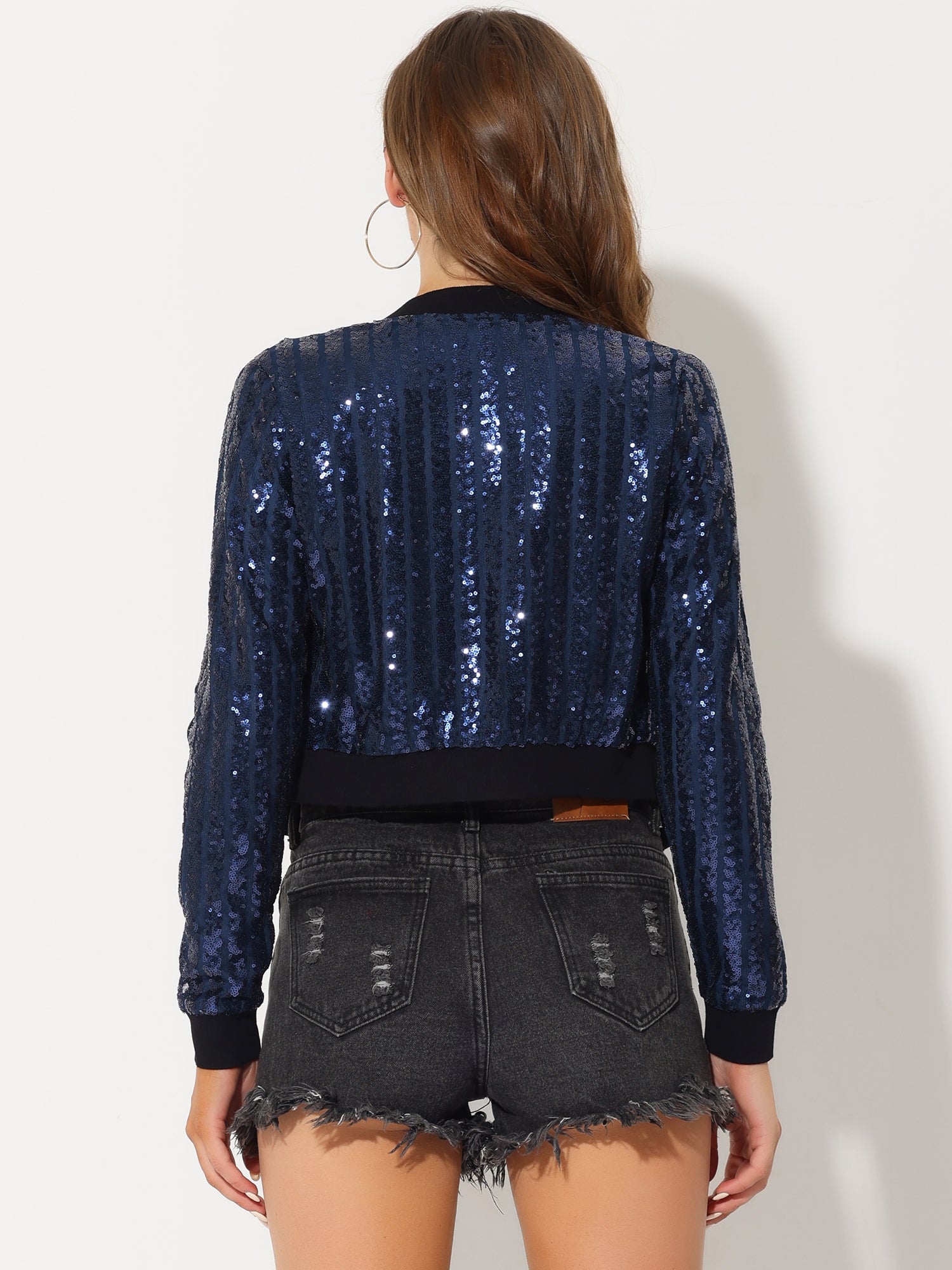 Metallic Sequin Shiny Zip Up Party Sparkly Crop Bomber Jacket