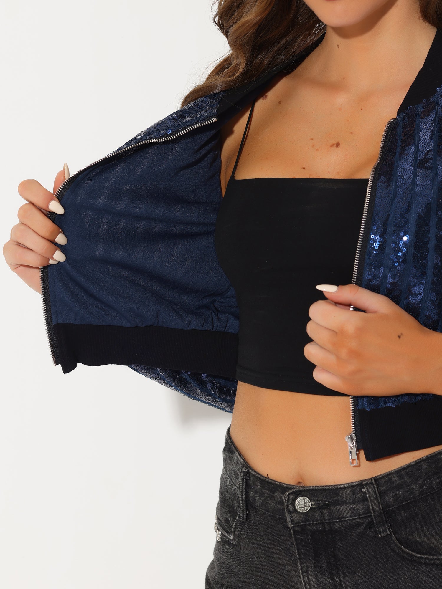 Metallic Sequin Shiny Zip Up Party Sparkly Crop Bomber Jacket