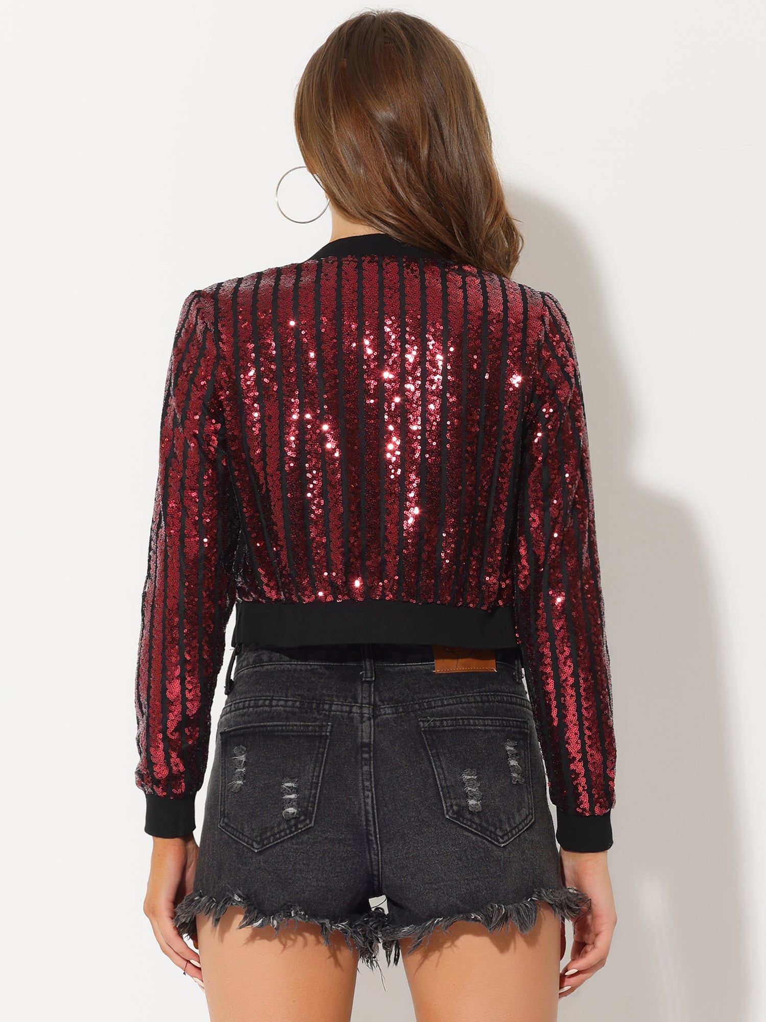Metallic Sequin Shiny Zip Up Party Sparkly Crop Bomber Jacket