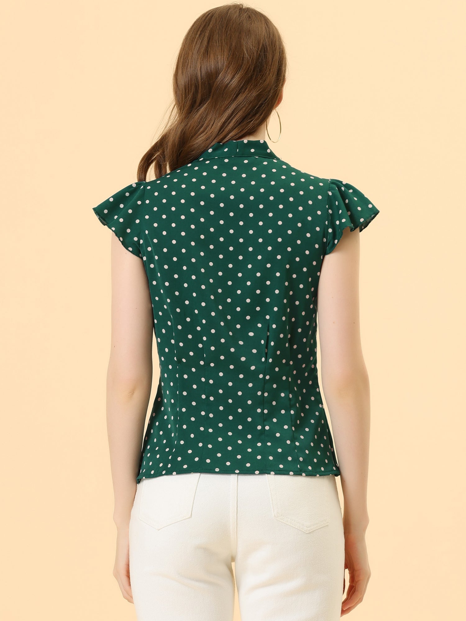 Summer Polka Dots Top Bow Tie V Neck Ruffled Cap Sleeve Office Blouse