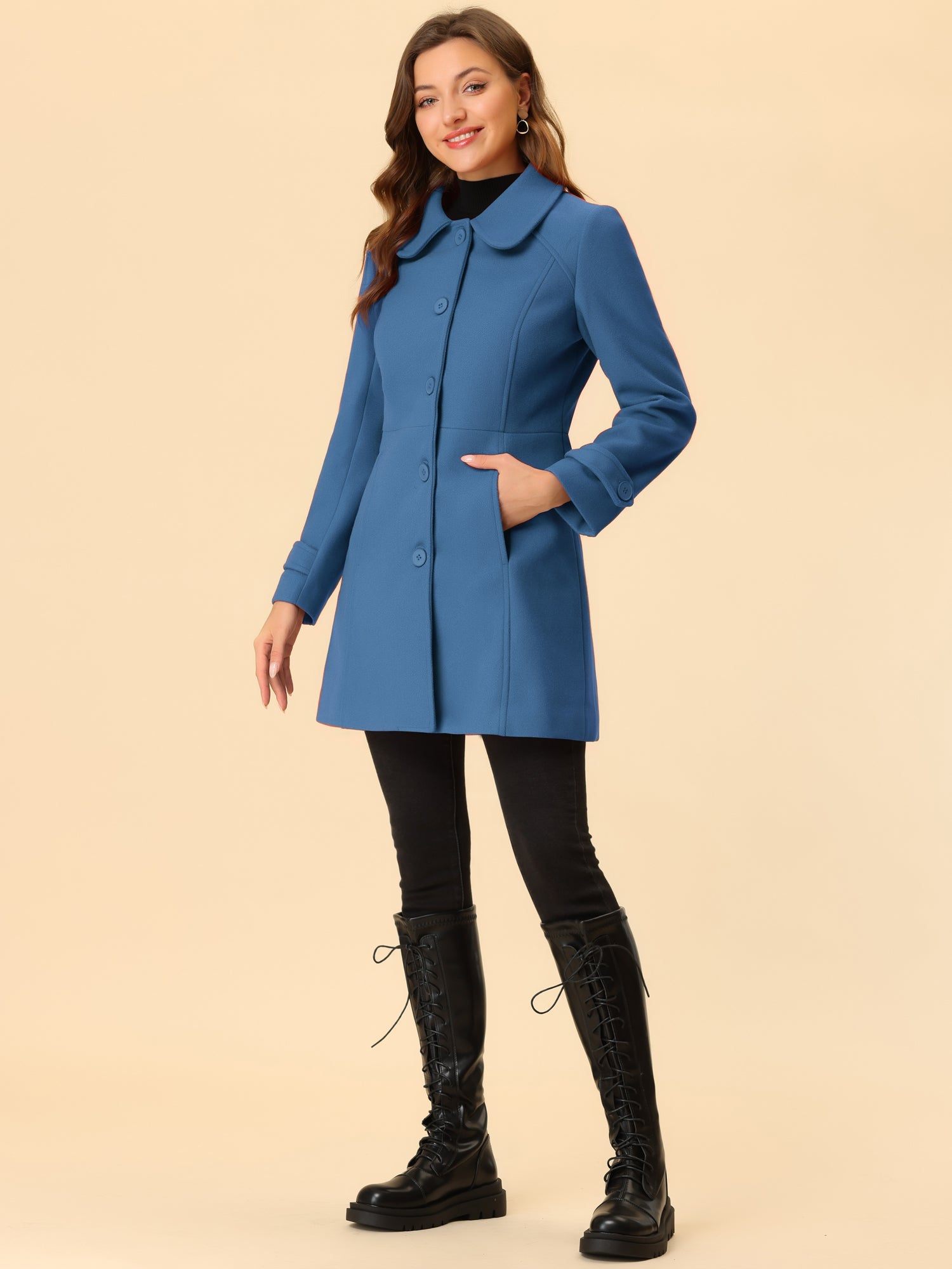 Peter Pan Collar Single Breasted Winter Outwear Buttoned Long Coat