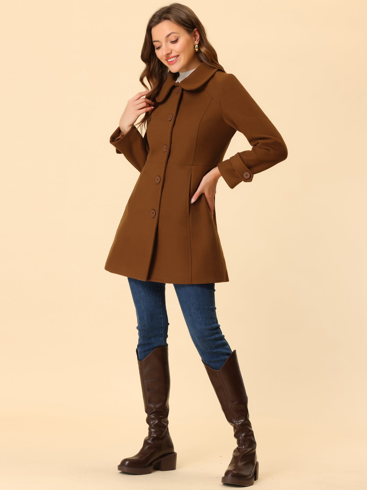 Peter Pan Collar Single Breasted Winter Outwear Buttoned Long Coat