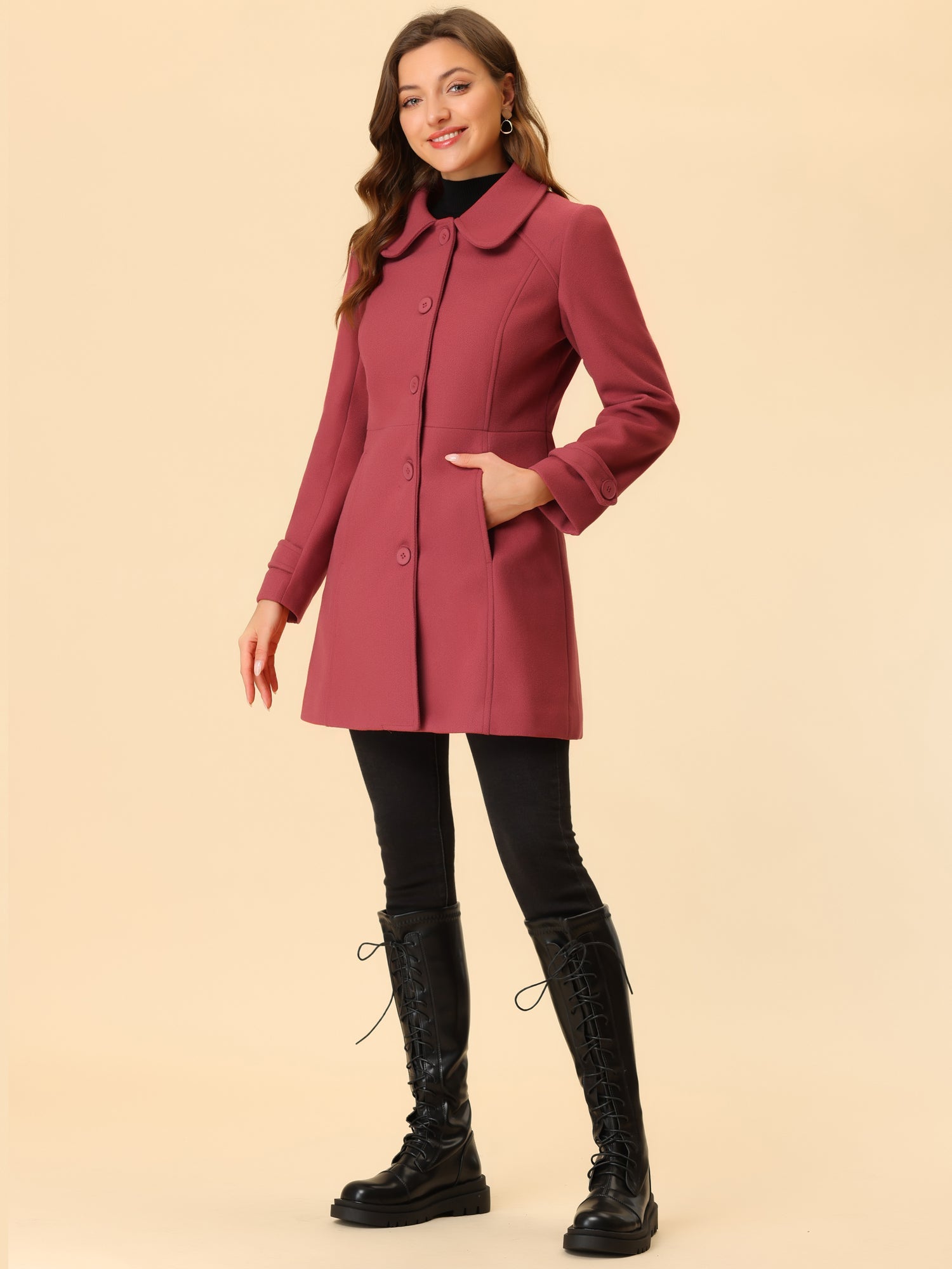 Peter Pan Collar Single Breasted Winter Outwear Buttoned Long Coat