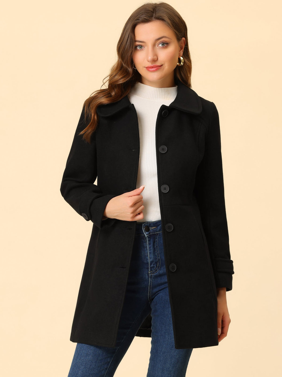 Peter Pan Collar Single Breasted Winter Outwear Buttoned Long Coat