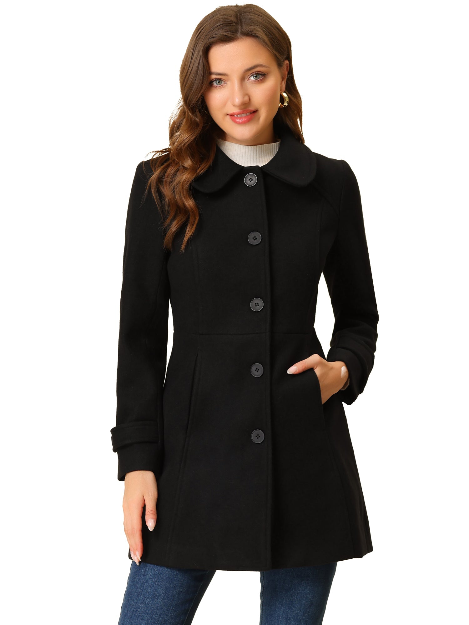Peter Pan Collar Single Breasted Winter Outwear Buttoned Long Coat