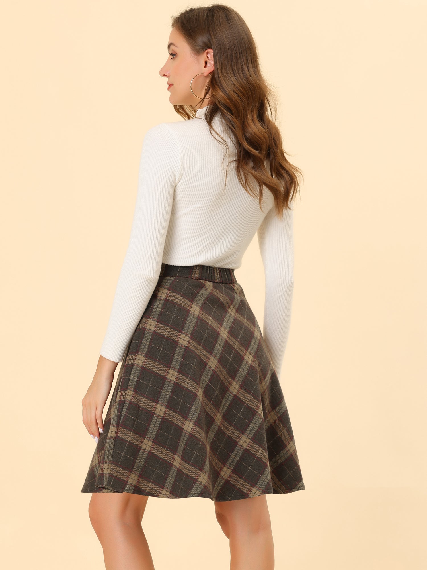 Plaid Tartan Vintage Elastic Waist Knee Length A-Line Skirt