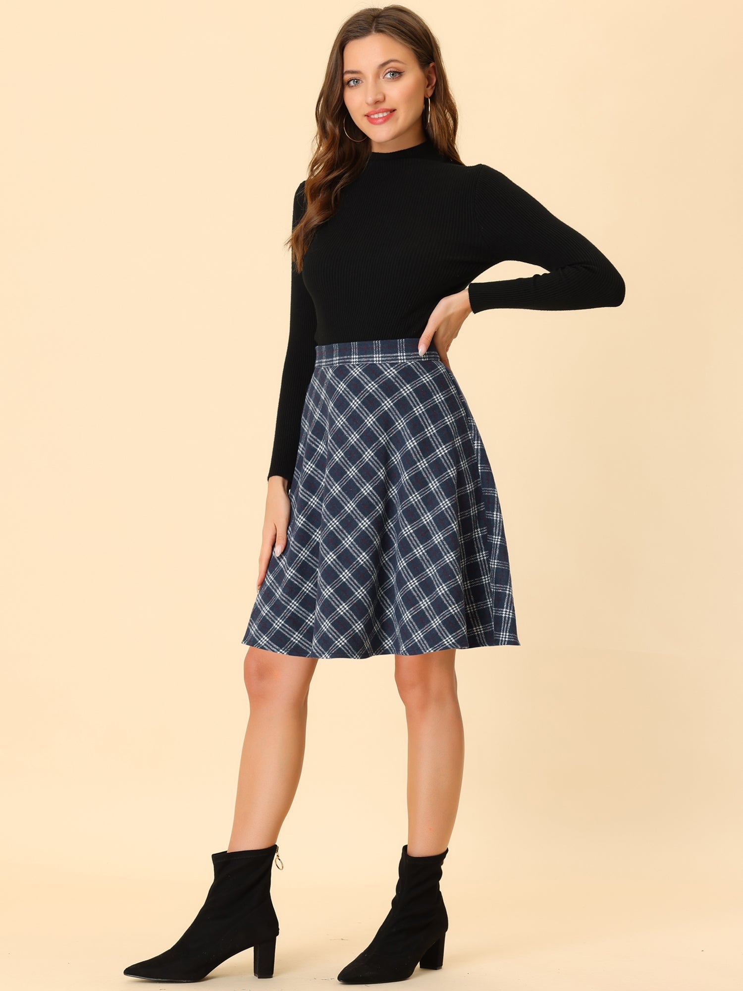 Vintage Plaid Tartan Elastic Waist Knee Length A-Line Skirt