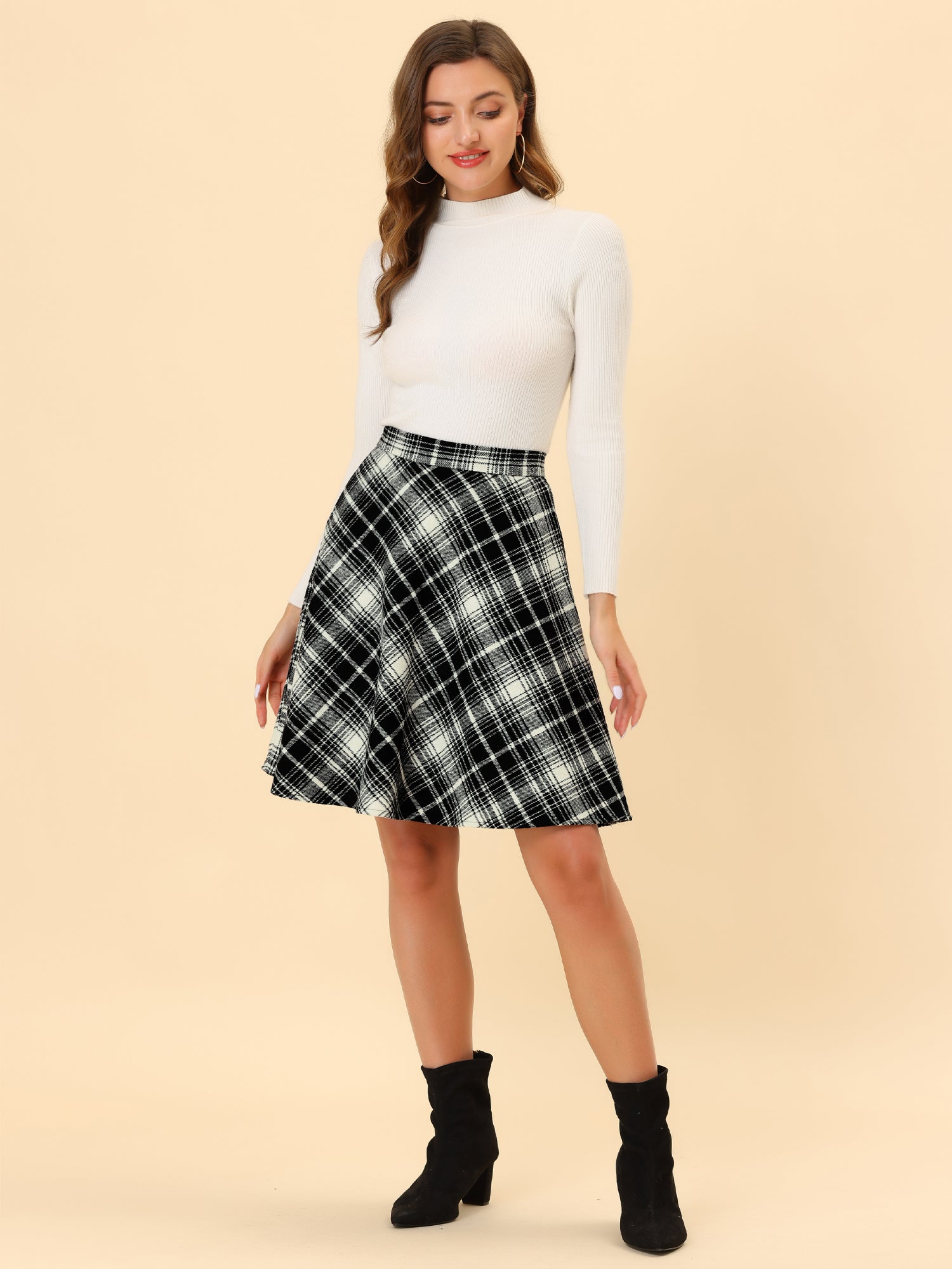 Plaid Tartan Vintage Elastic Waist Knee Length A-Line Skirt
