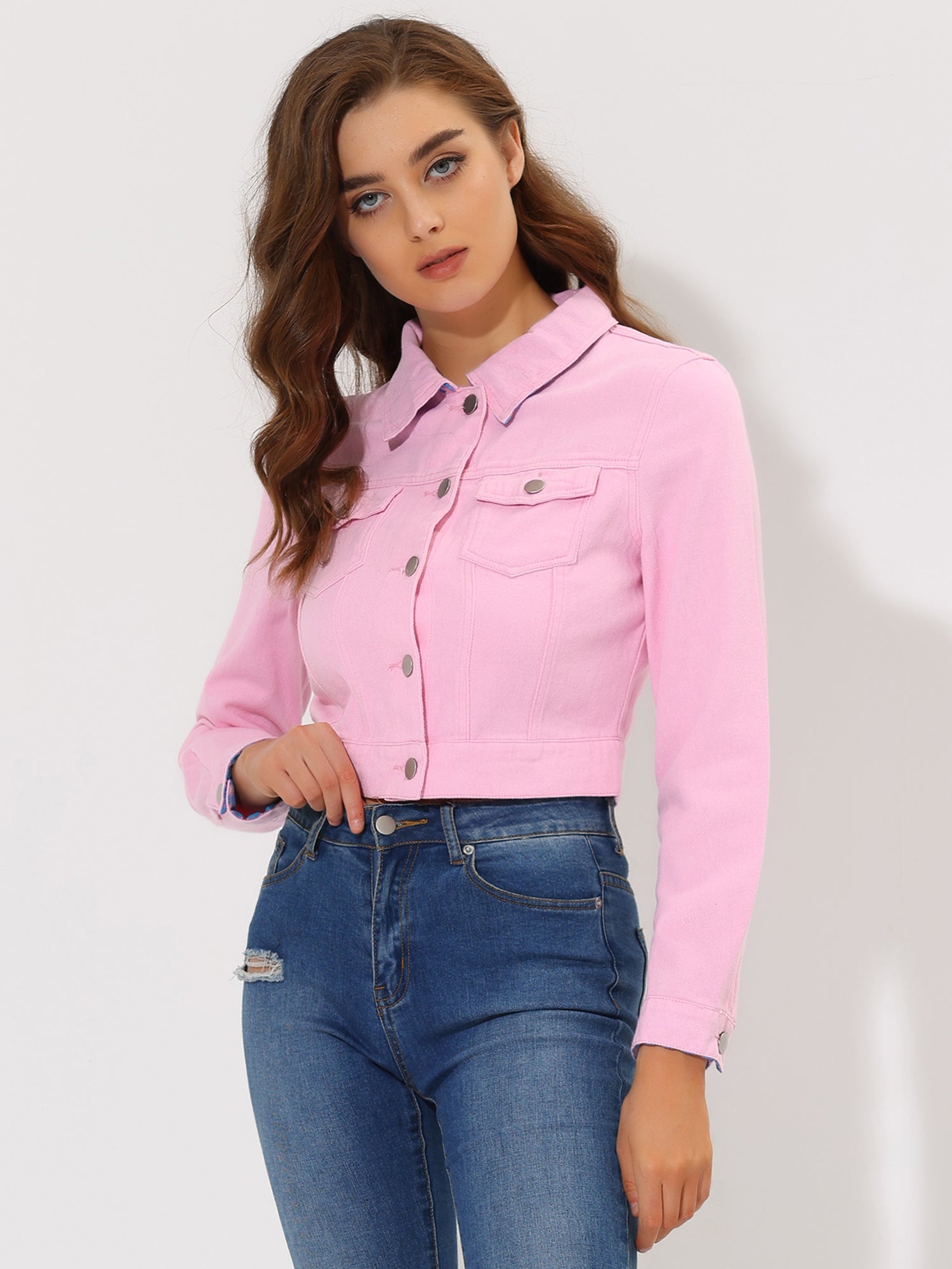 Button Down Long Sleeve Casual Cropped Denim Jacket