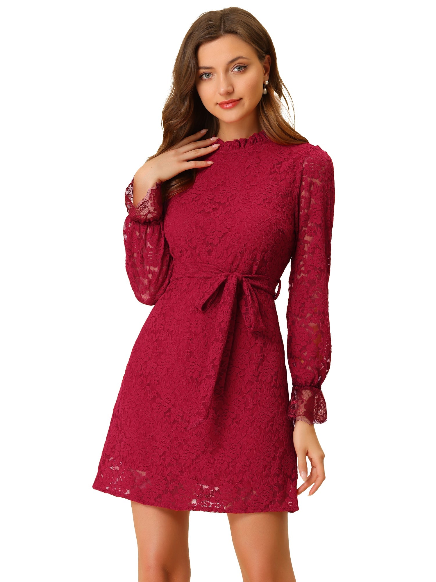 Lace Floral Ruffle Crew Neck Cocktail Mini Dress