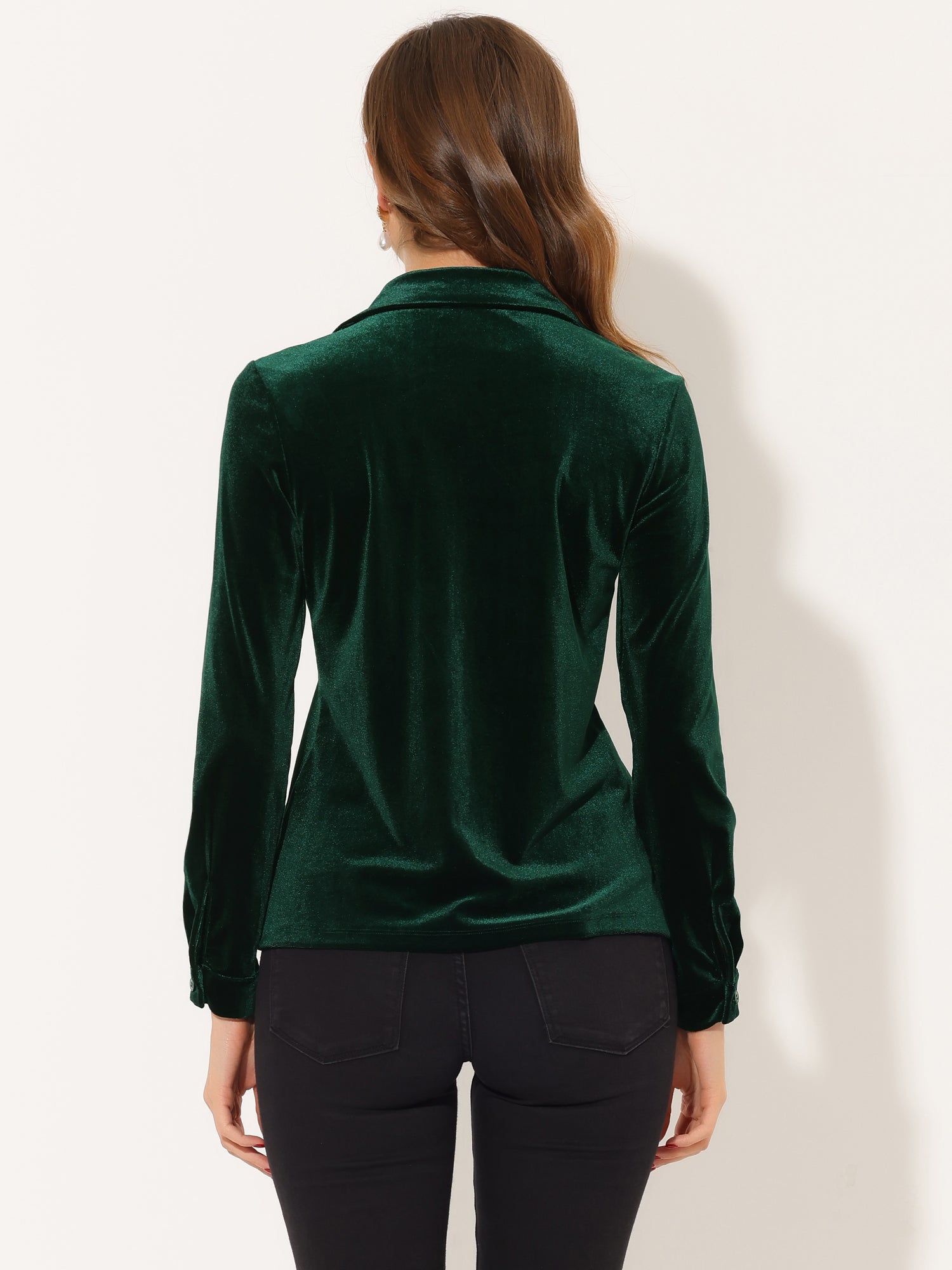 Velvet Blouse Collared Long Sleeve Button Down Shirt Top