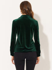 Velvet Blouse Collared Long Sleeve Button Down Shirt Top