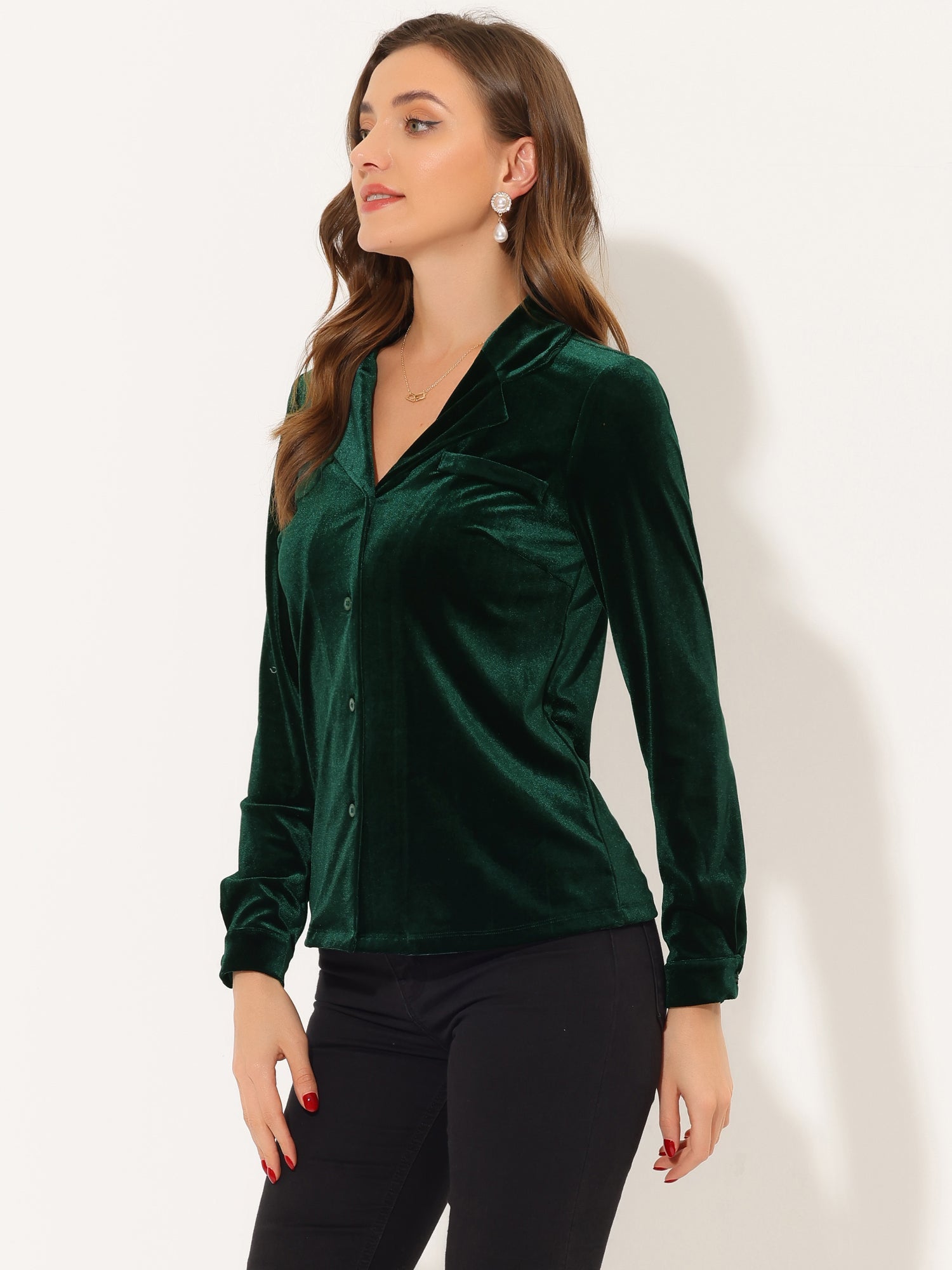 Velvet Blouse Collared Long Sleeve Button Down Shirt Top