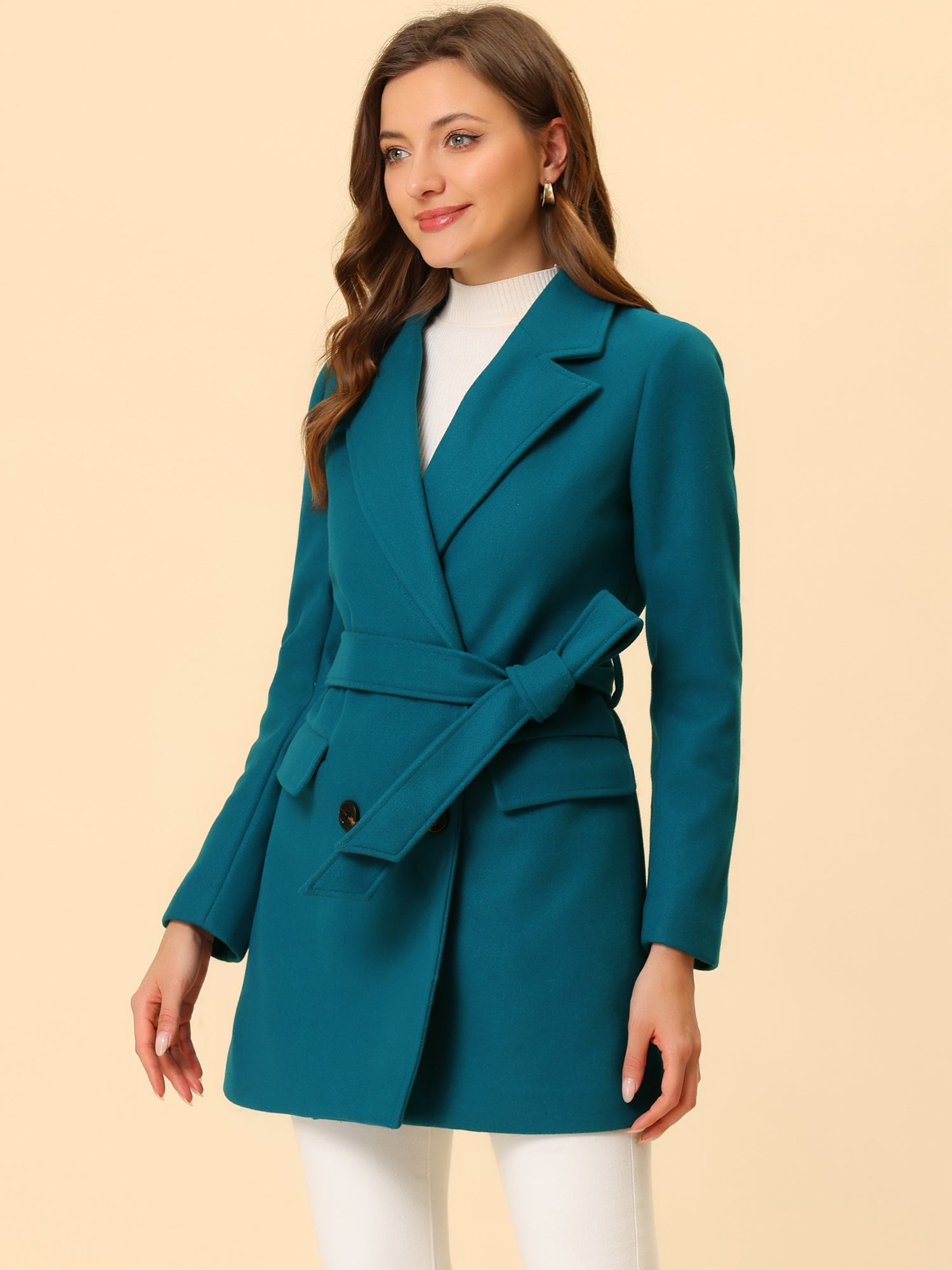 Notch Lapel Double Breasted Belted Mid Long Outwear Winter Coat