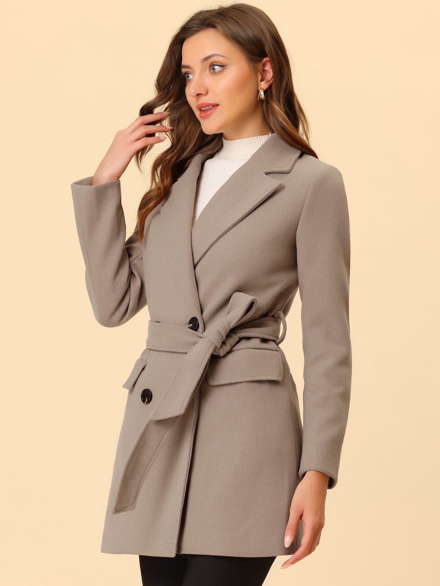 Notch Lapel Double Breasted Belted Mid Long Outwear Winter Coat
