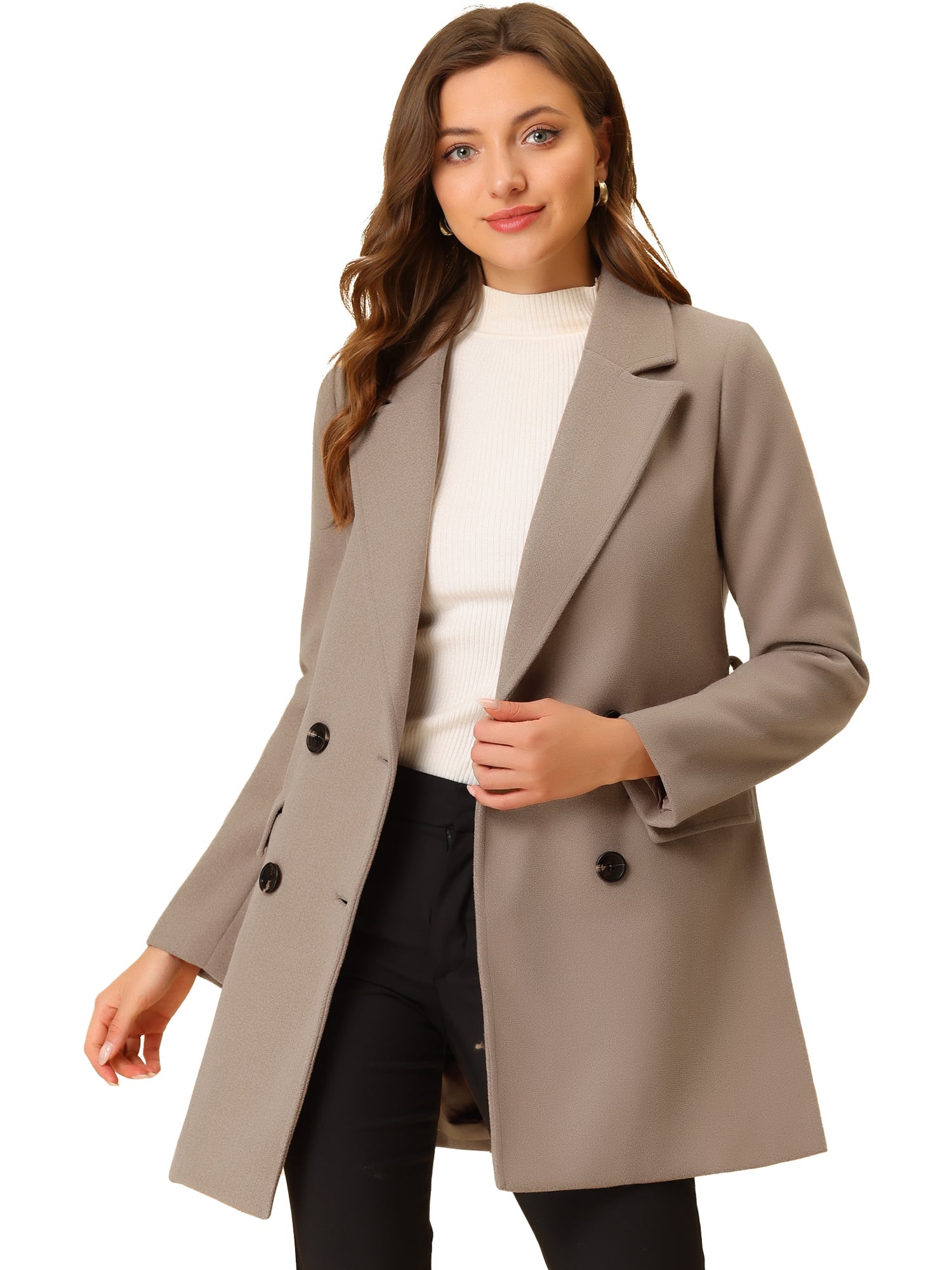 Notch Lapel Double Breasted Belted Mid Long Outwear Winter Coat