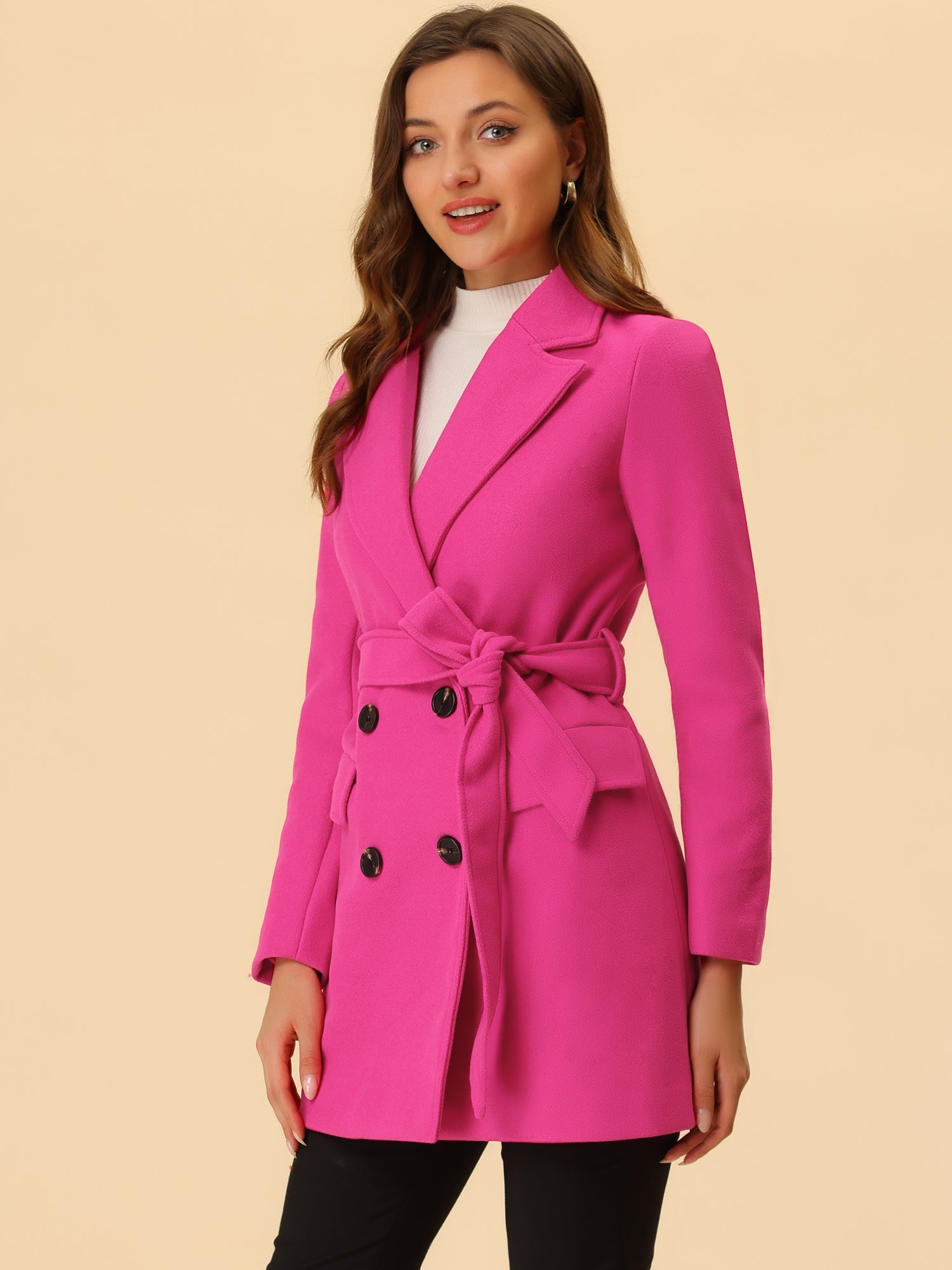 Notch Lapel Double Breasted Belted Mid Long Outwear Winter Coat