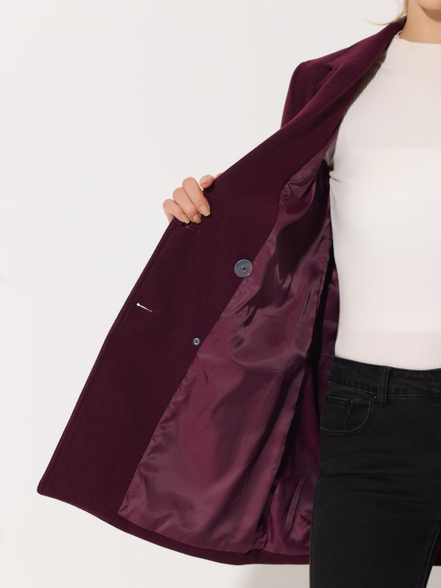 Notch Lapel Double Breasted Belted Mid Long Outwear Winter Coat
