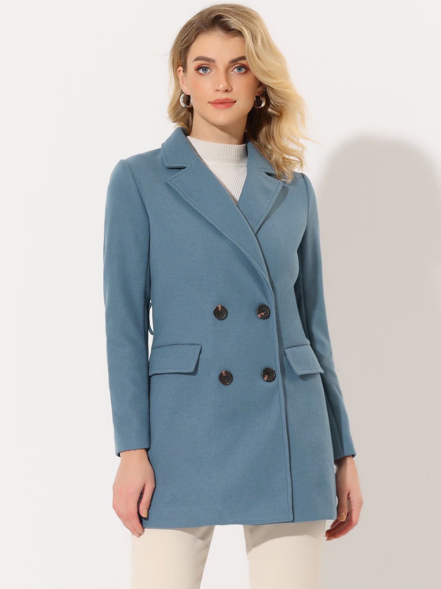 Notch Lapel Double Breasted Belted Mid Long Outwear Winter Coat