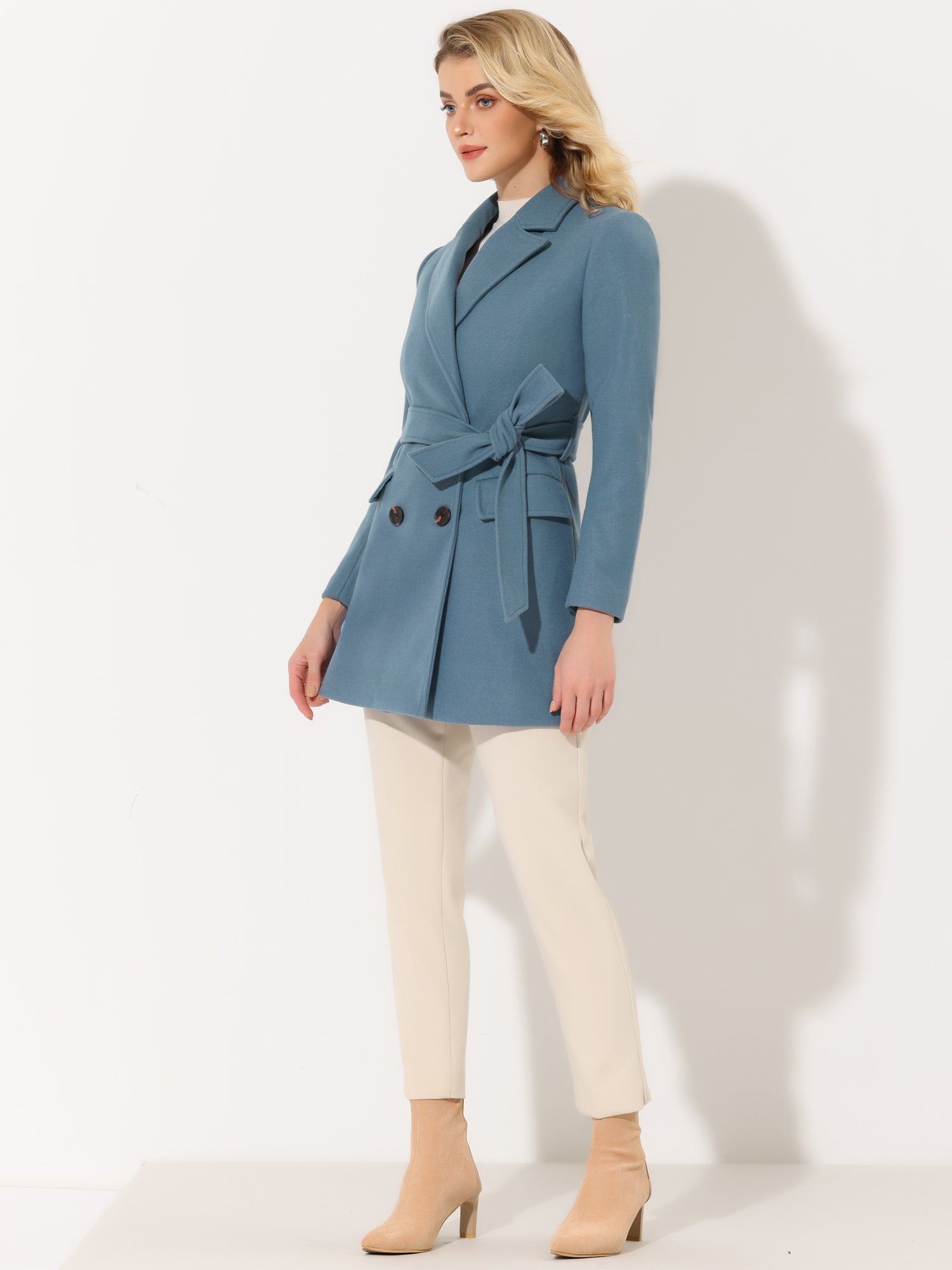 Notch Lapel Double Breasted Belted Mid Long Outwear Winter Coat