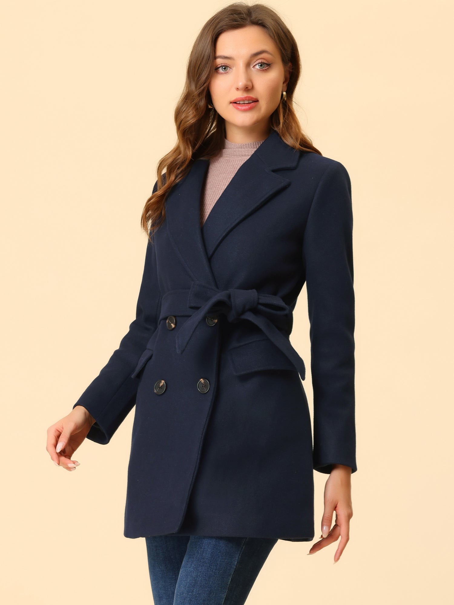 Notch Lapel Double Breasted Belted Mid Long Outwear Winter Coat