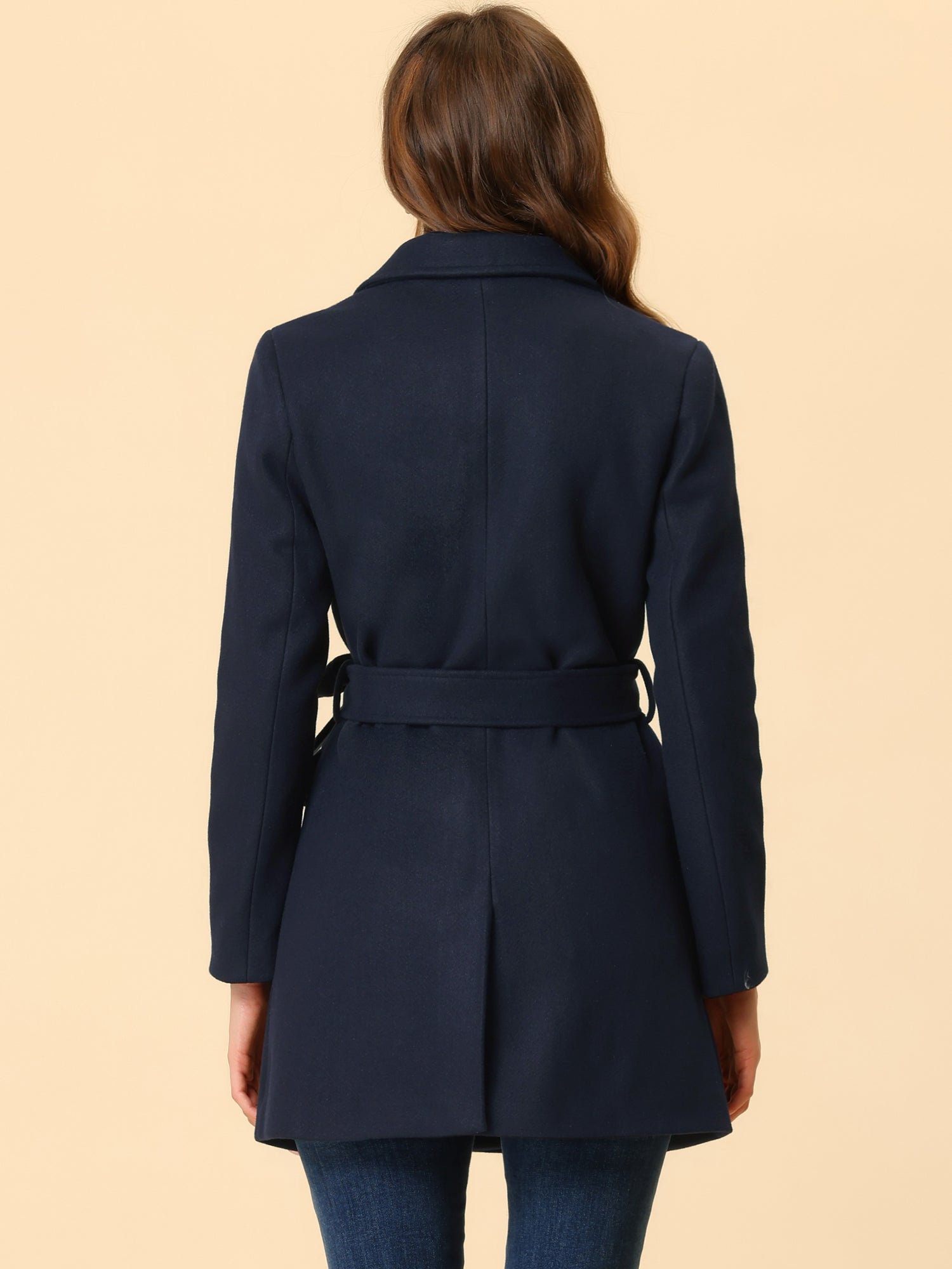 Notch Lapel Double Breasted Belted Mid Long Outwear Winter Coat