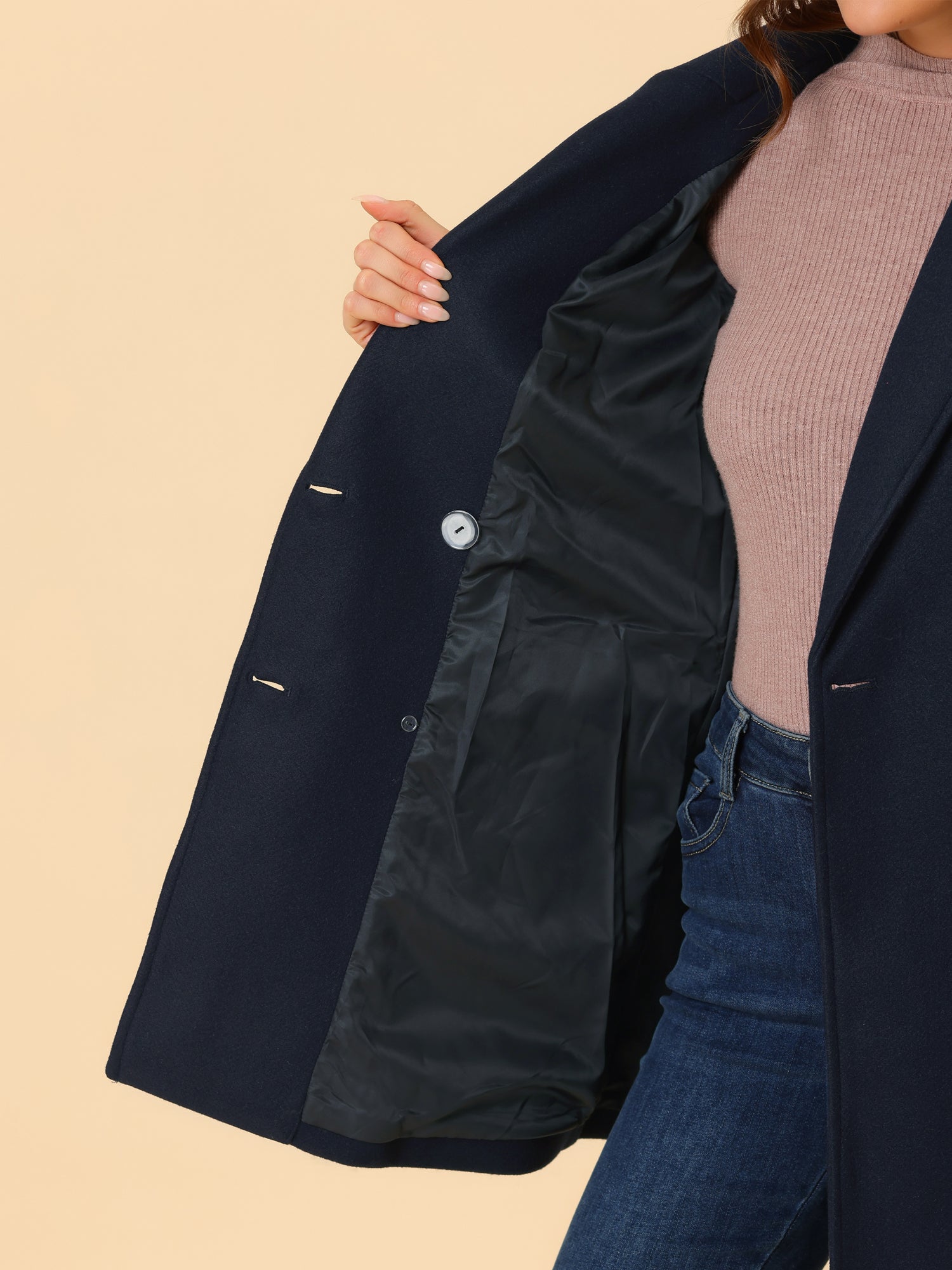Notch Lapel Double Breasted Belted Mid Long Outwear Winter Coat