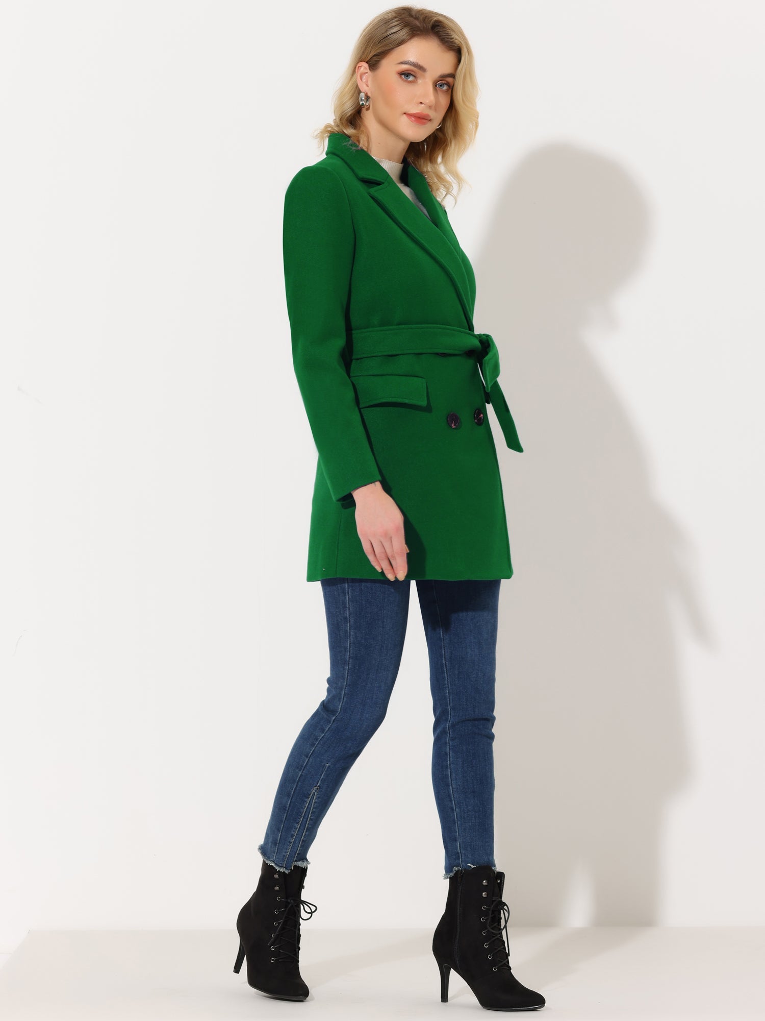 Notch Lapel Double Breasted Belted Mid Long Outwear Winter Coat