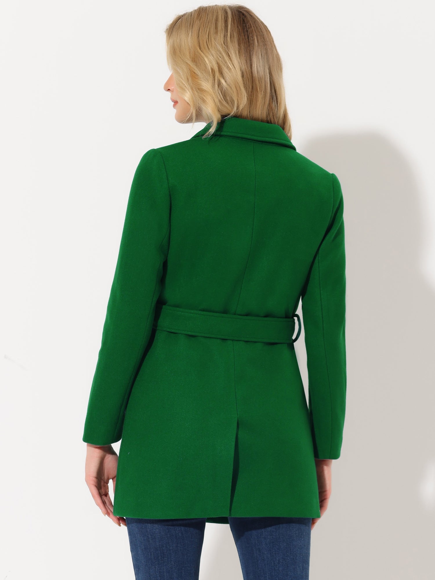 Notch Lapel Double Breasted Belted Mid Long Outwear Winter Coat
