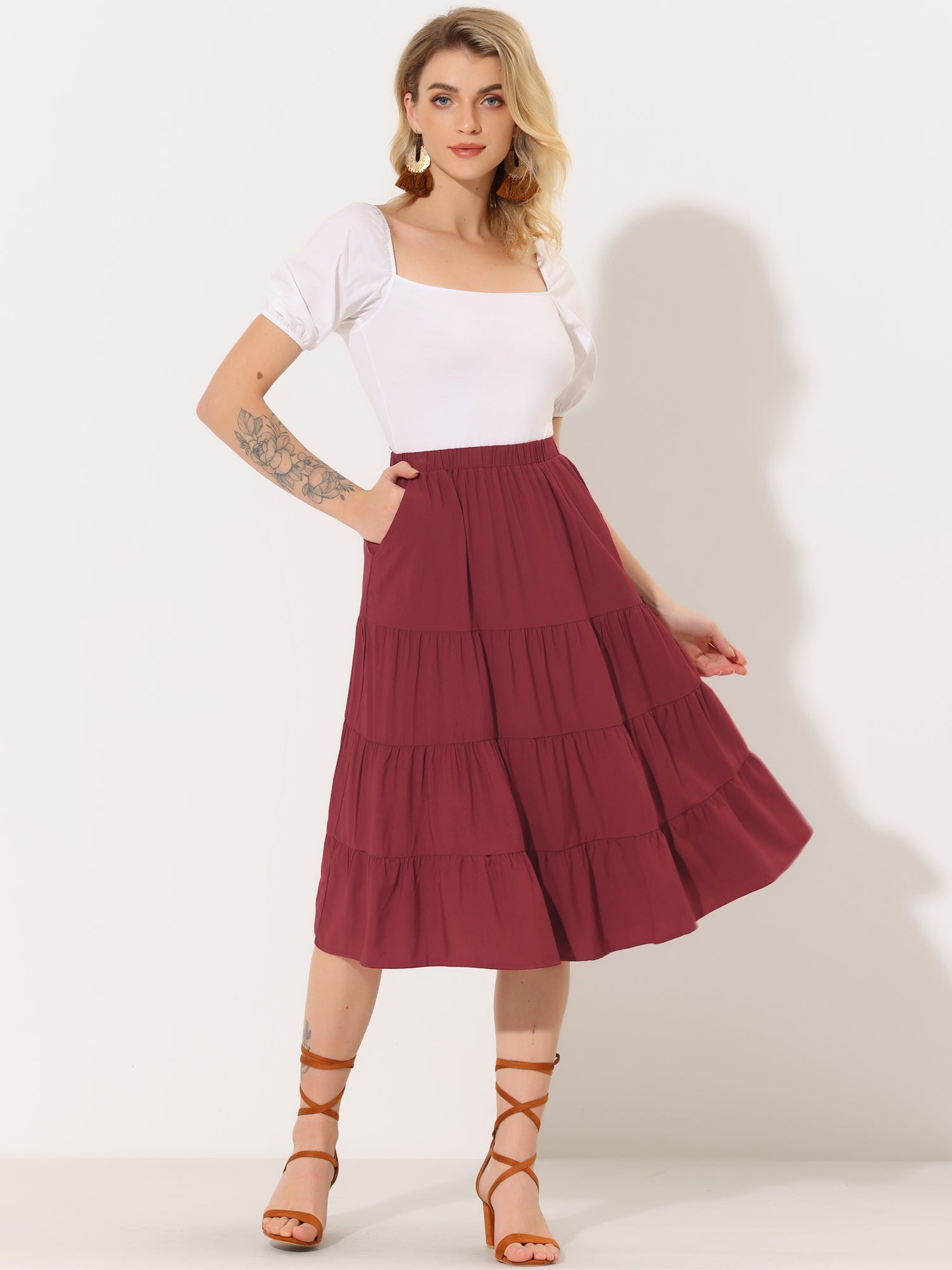 Midi Solid Elastic Waist Flare Tiered Long Pockets A-Line Skirt