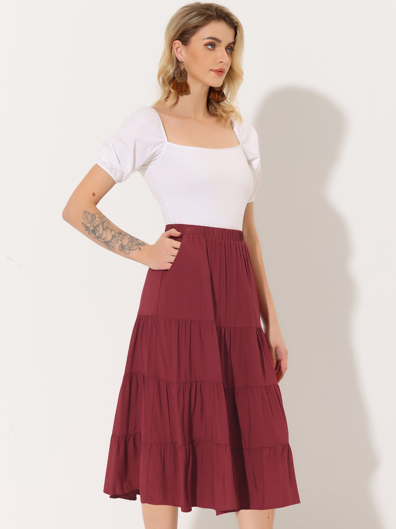 Midi Solid Elastic Waist Flare Tiered Long Pockets A-Line Skirt