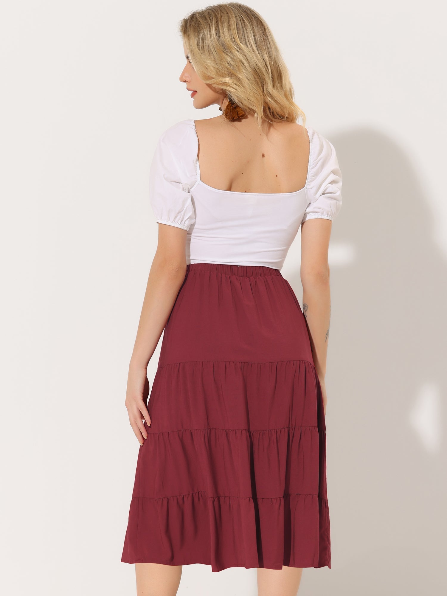 Midi Solid Elastic Waist Flare Tiered Long Pockets A-Line Skirt