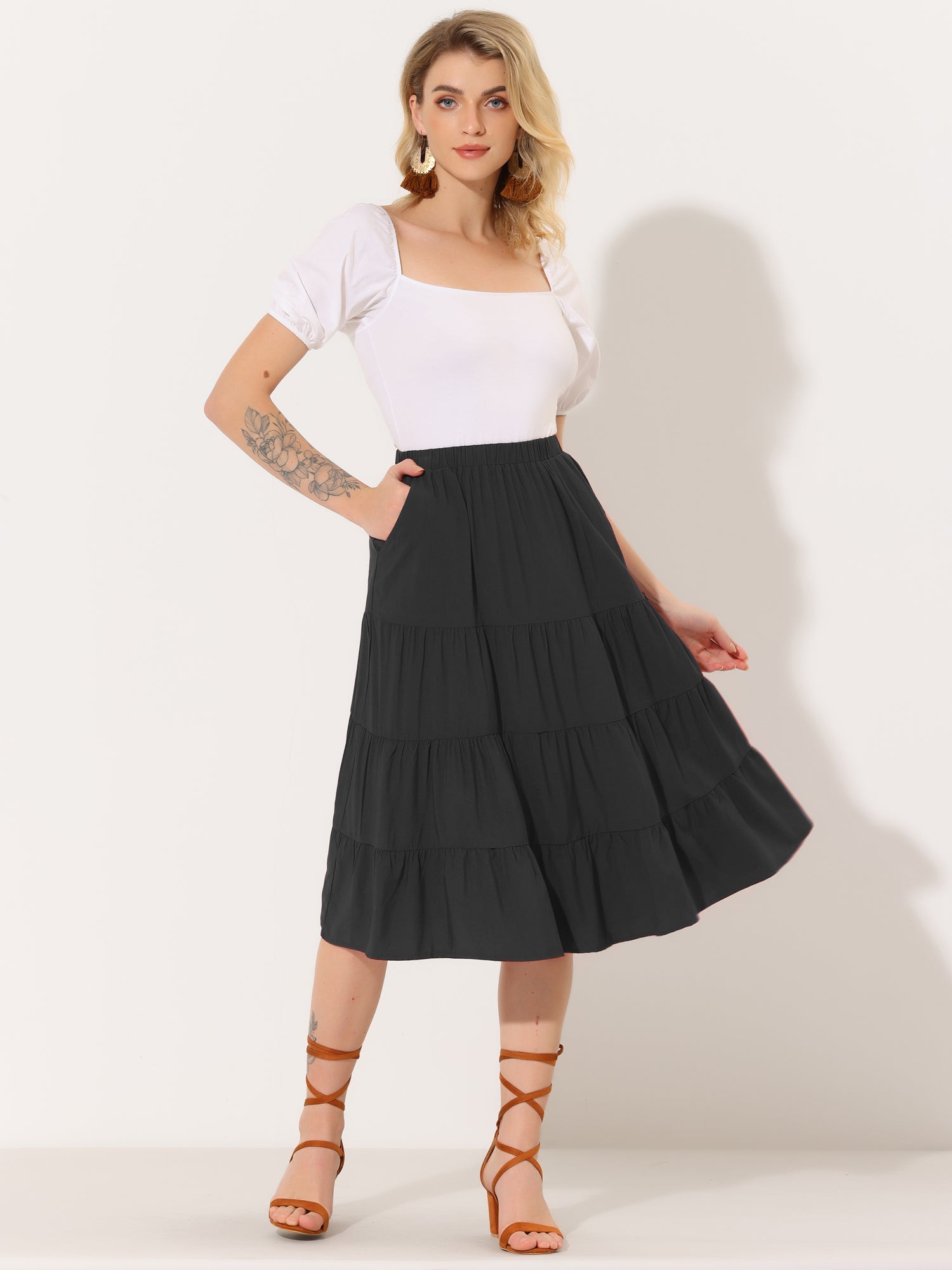 Midi Solid Elastic Waist Flare Tiered Long Pockets A-Line Skirt