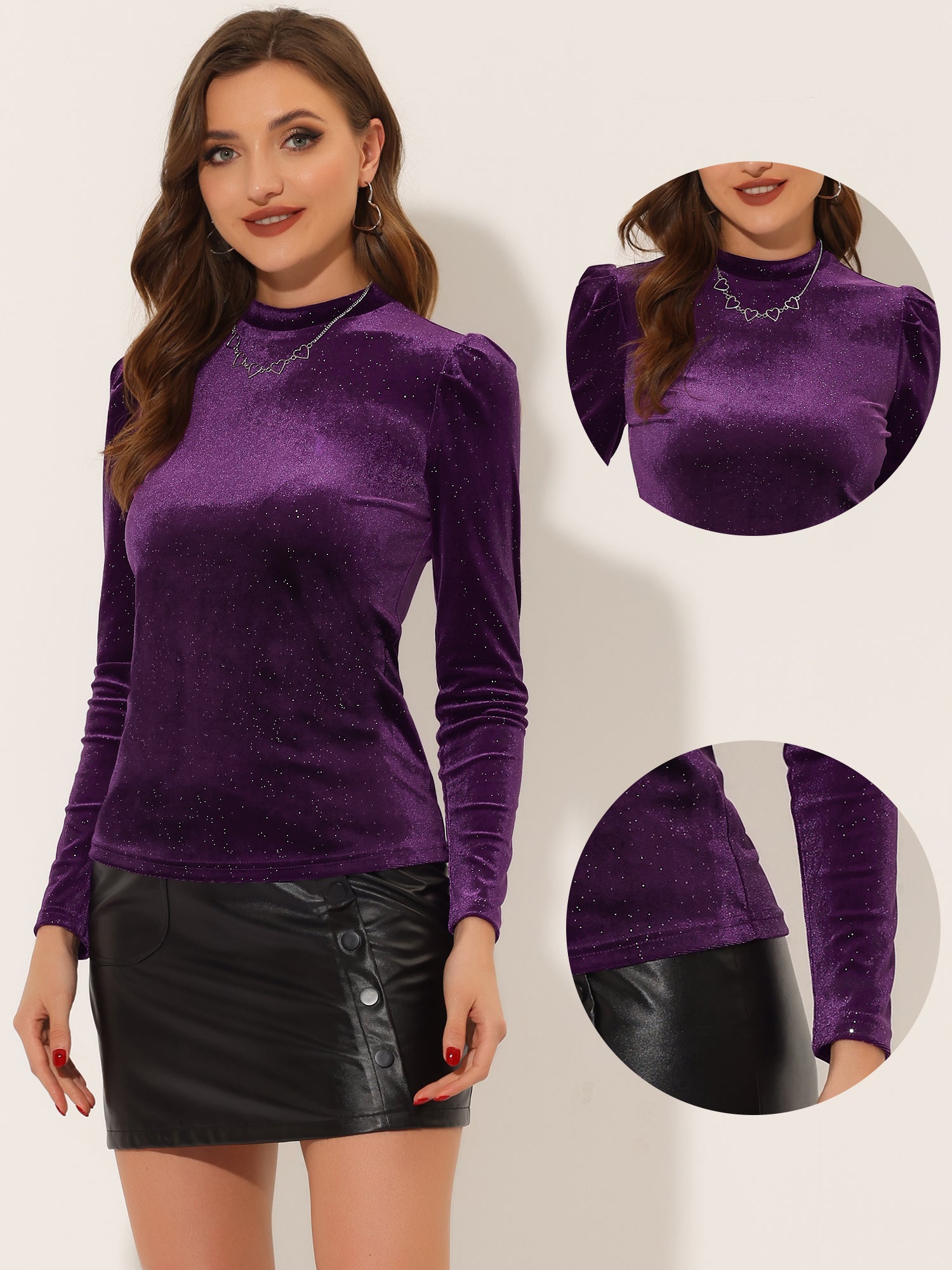 Metallic Velvet Puff Long Sleeve Mock Neck Glitter T-shirt