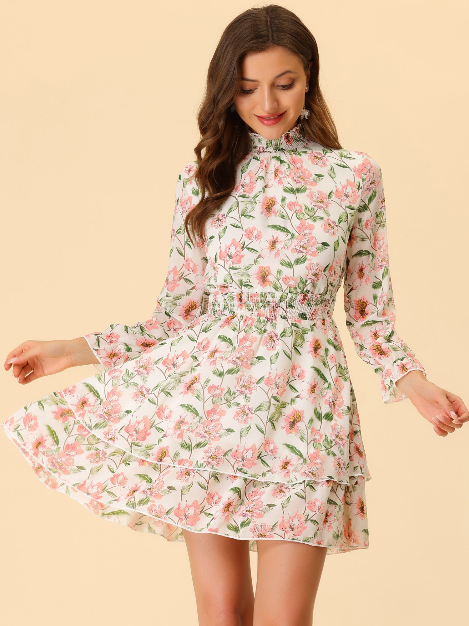 Floral Chiffon Long Sleeve Mock Neck Ruffle Layered Mini Dress