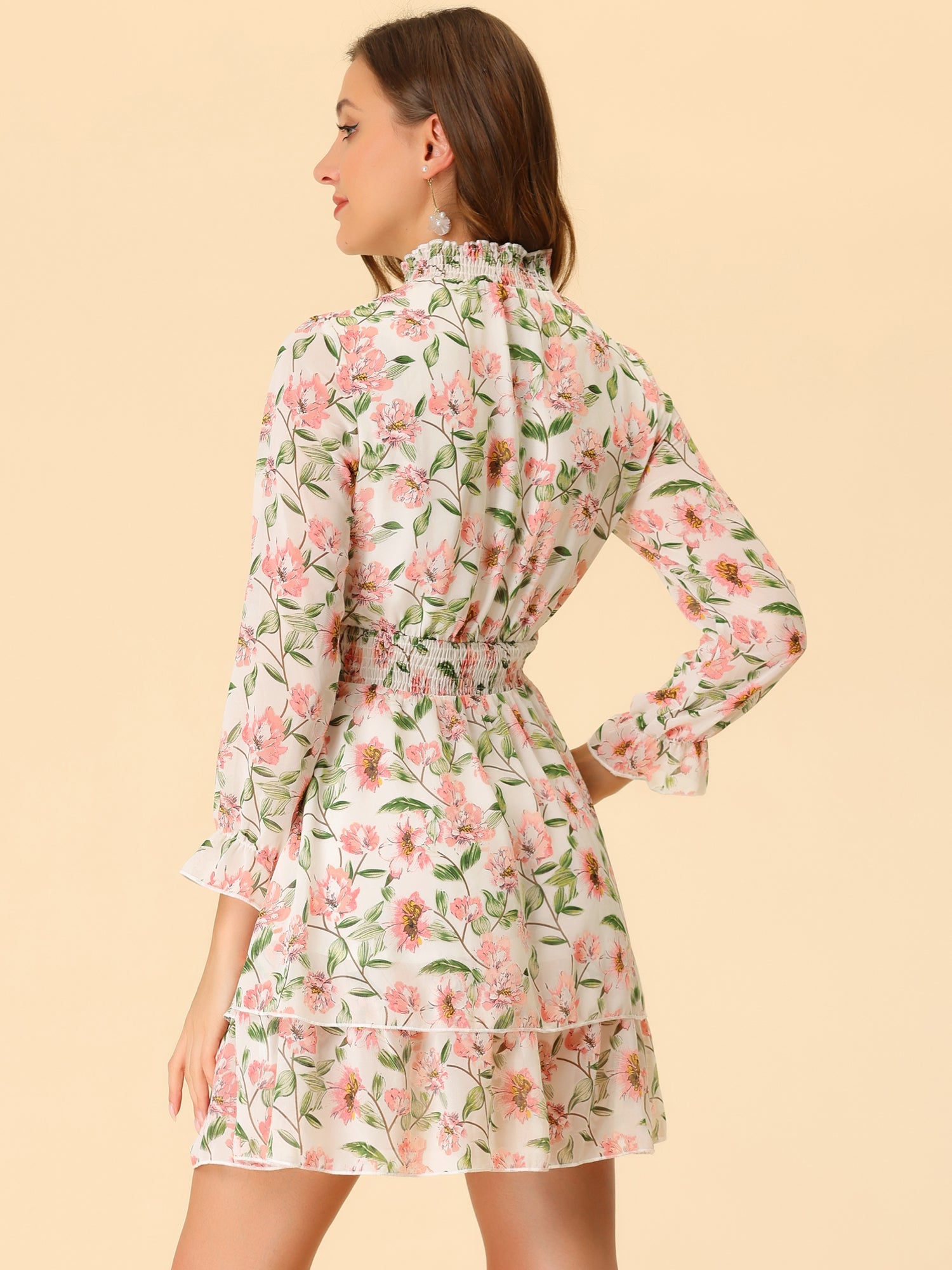 Floral Chiffon Long Sleeve Mock Neck Ruffle Layered Mini Dress