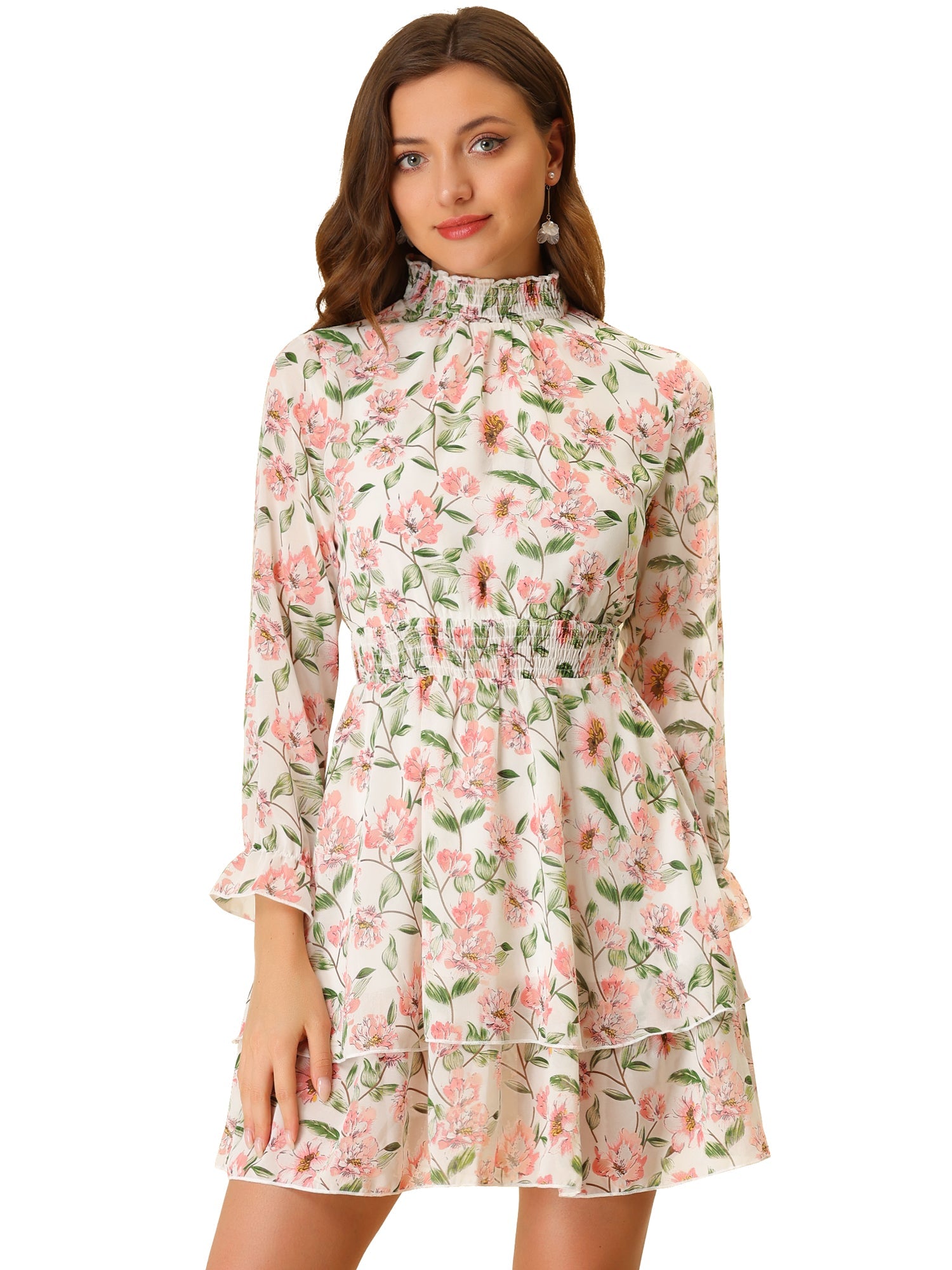 Floral Chiffon Long Sleeve Mock Neck Ruffle Layered Mini Dress